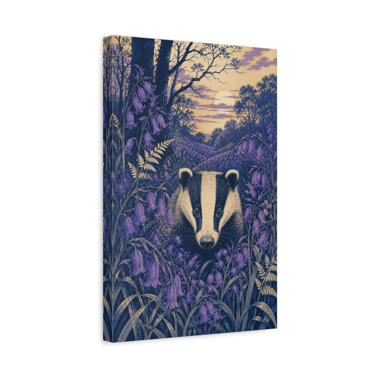 Side Mockup 4. Badger In Bluebells shown as canvas print