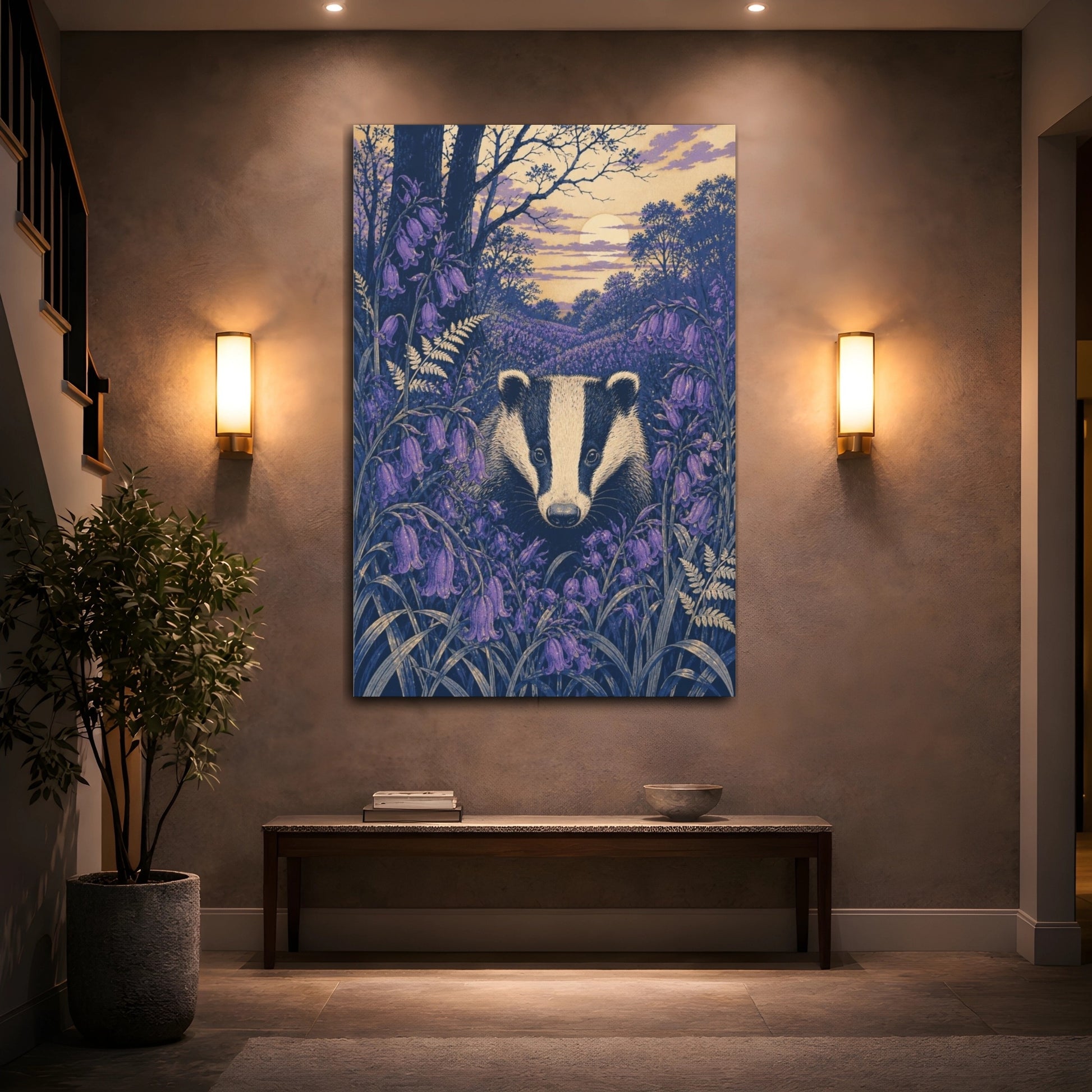 Mockup 2. Badger In Bluebells shown as canvas print