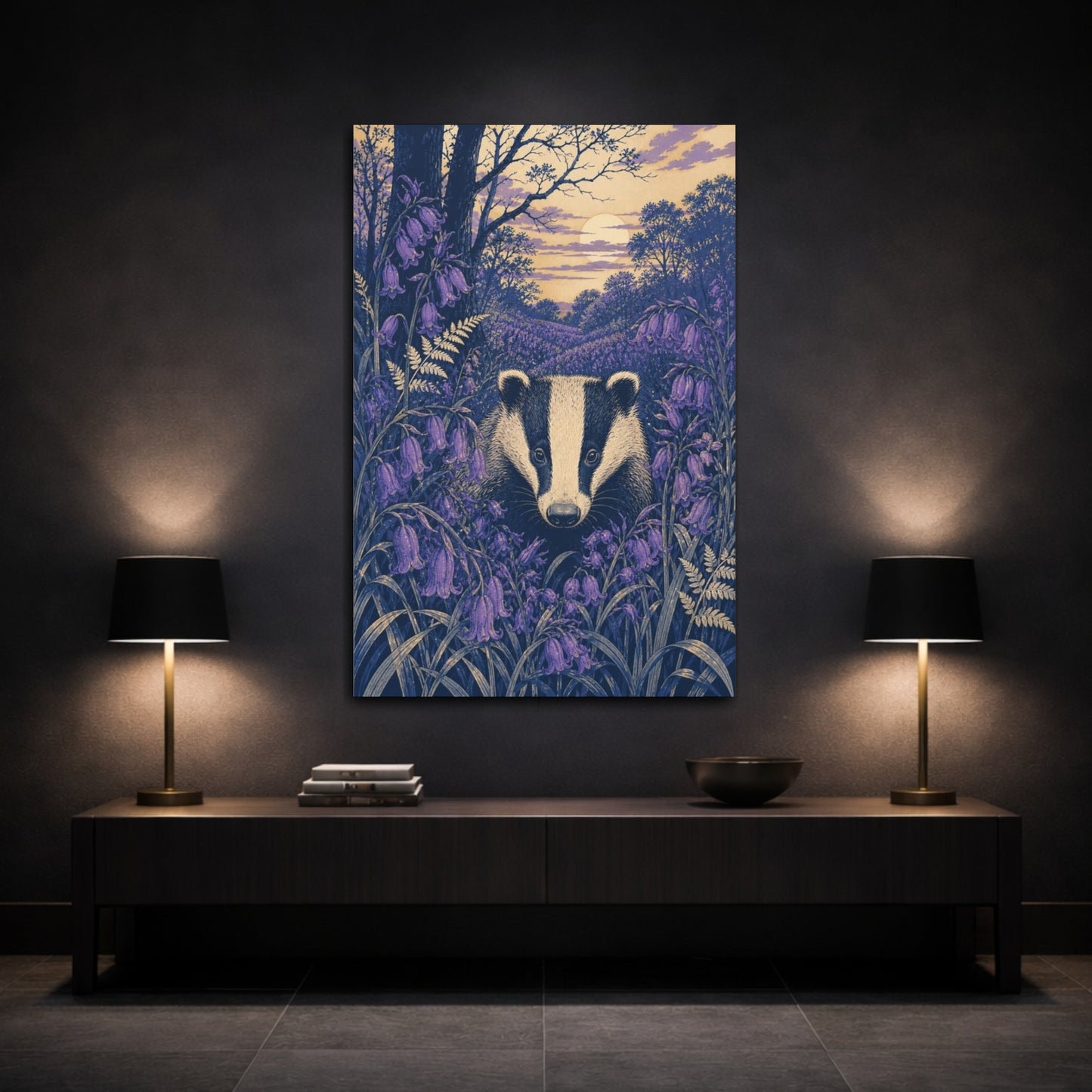 Mockup 3. Badger In Bluebells shown as canvas print