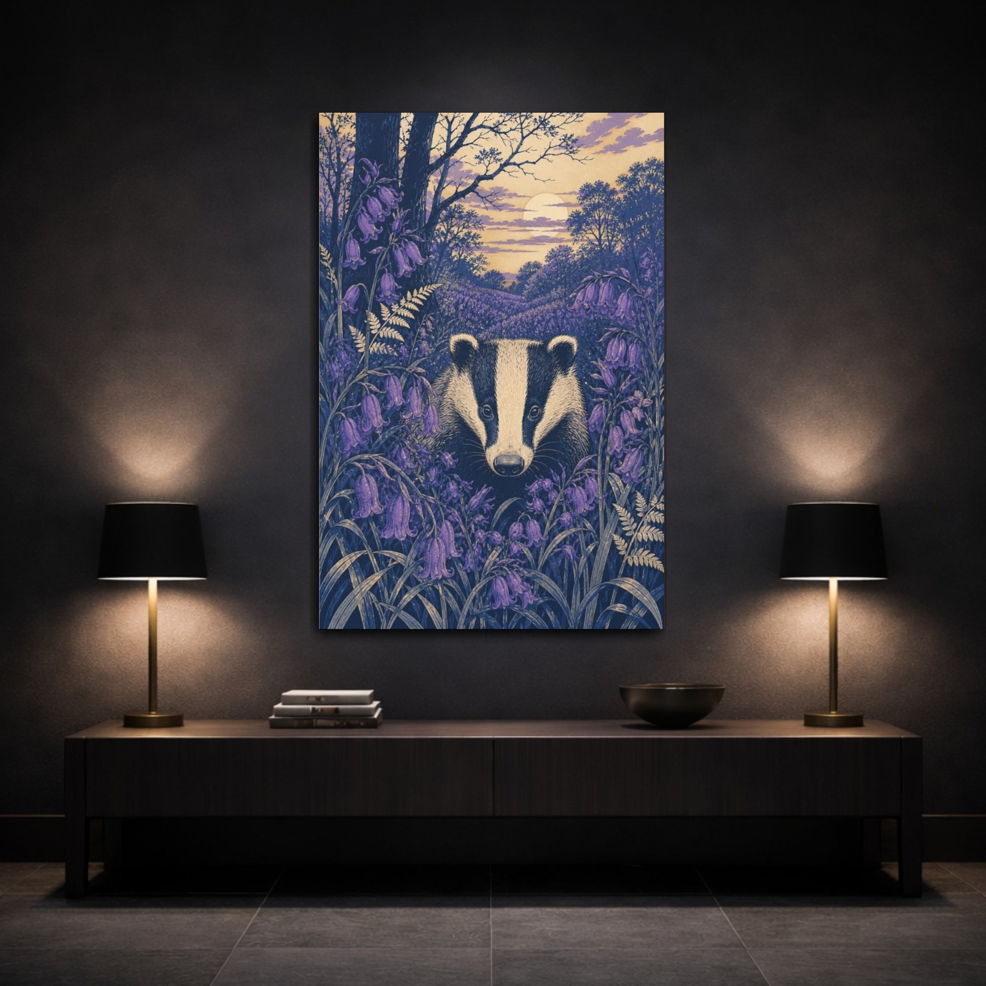 Mockup 3. Badger In Bluebells shown as canvas print