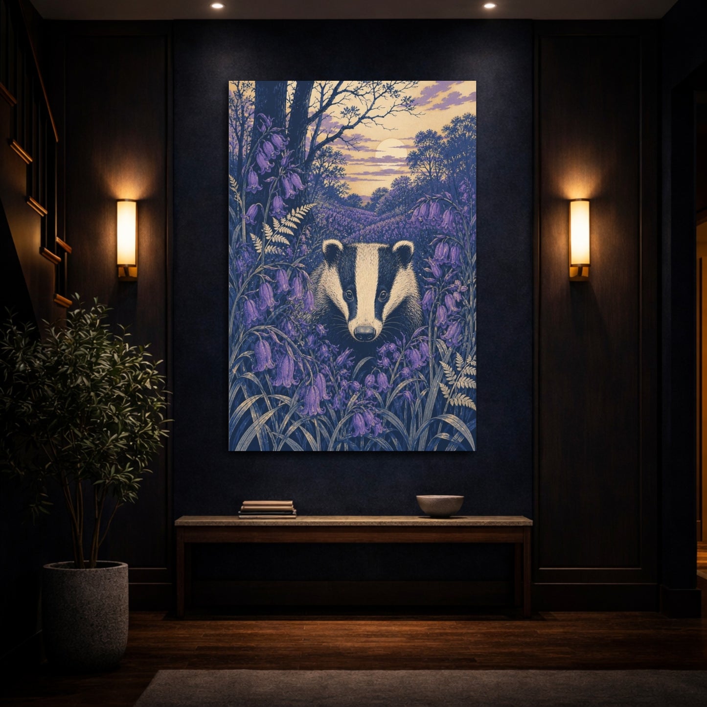 Mockup 4. Badger In Bluebells shown as canvas print