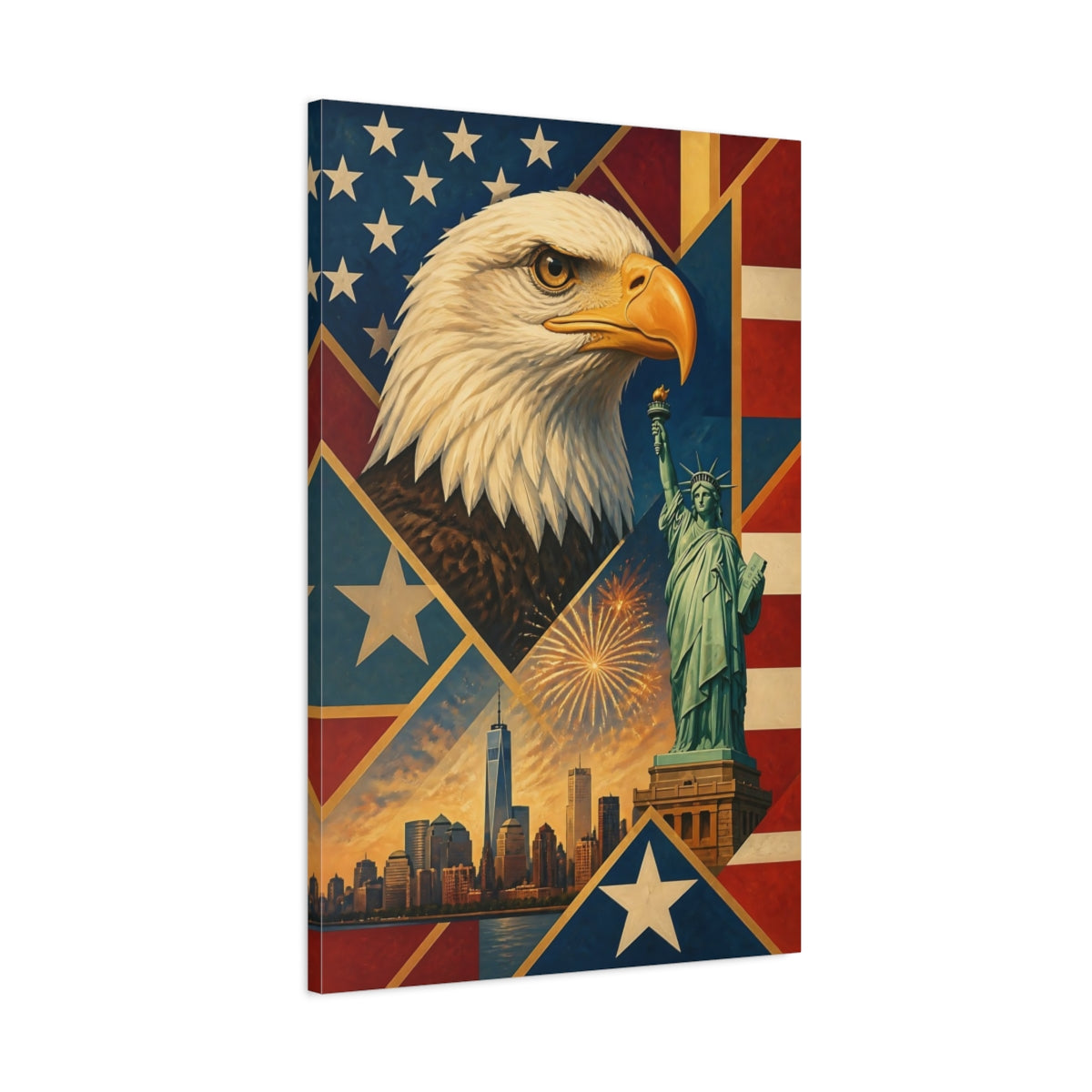 Main Mockup. Bald Eagle & Liberty Skyline shown as canvas print