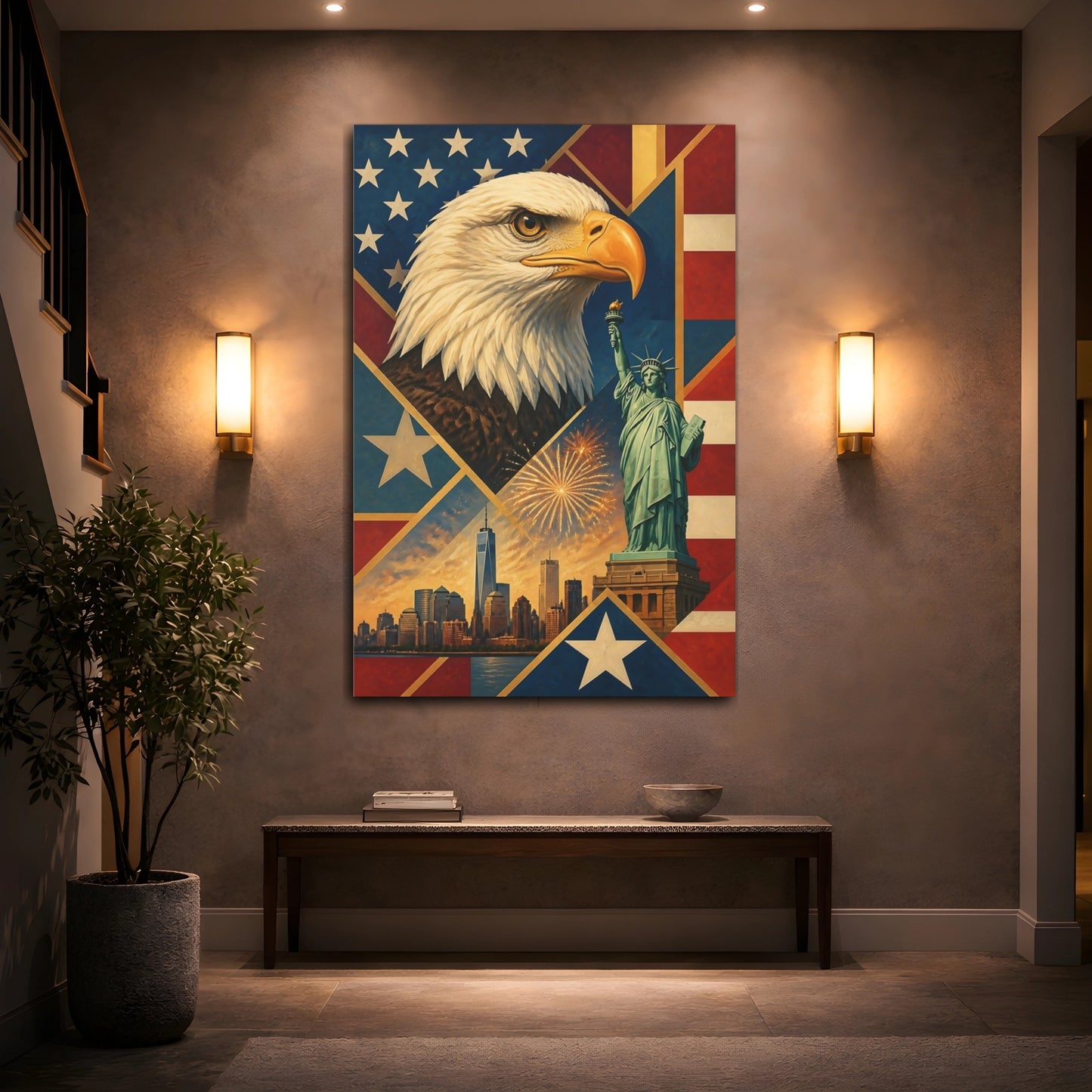 Mockup 2. Bald Eagle & Liberty Skyline shown as canvas print