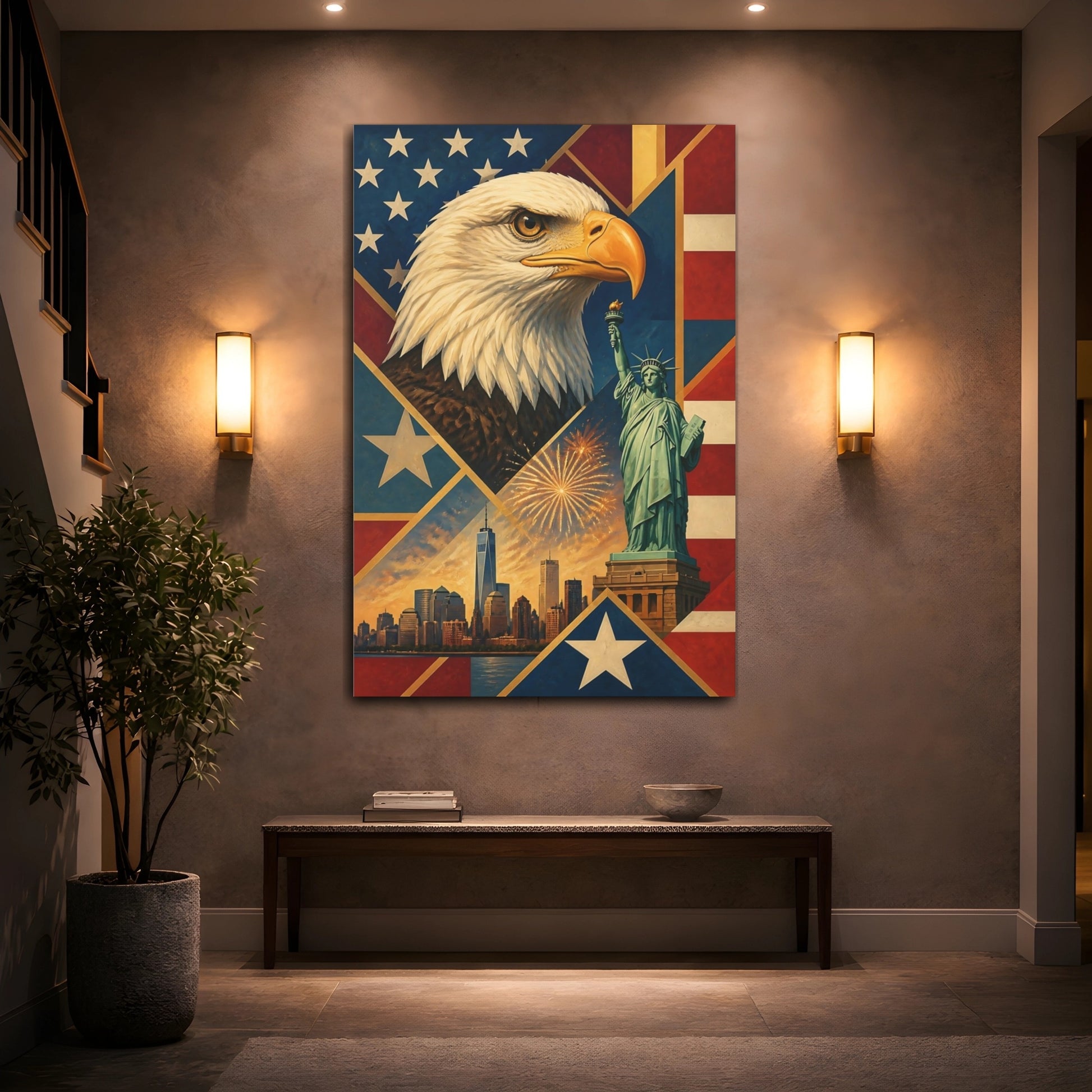 Mockup 2. Bald Eagle & Liberty Skyline shown as canvas print