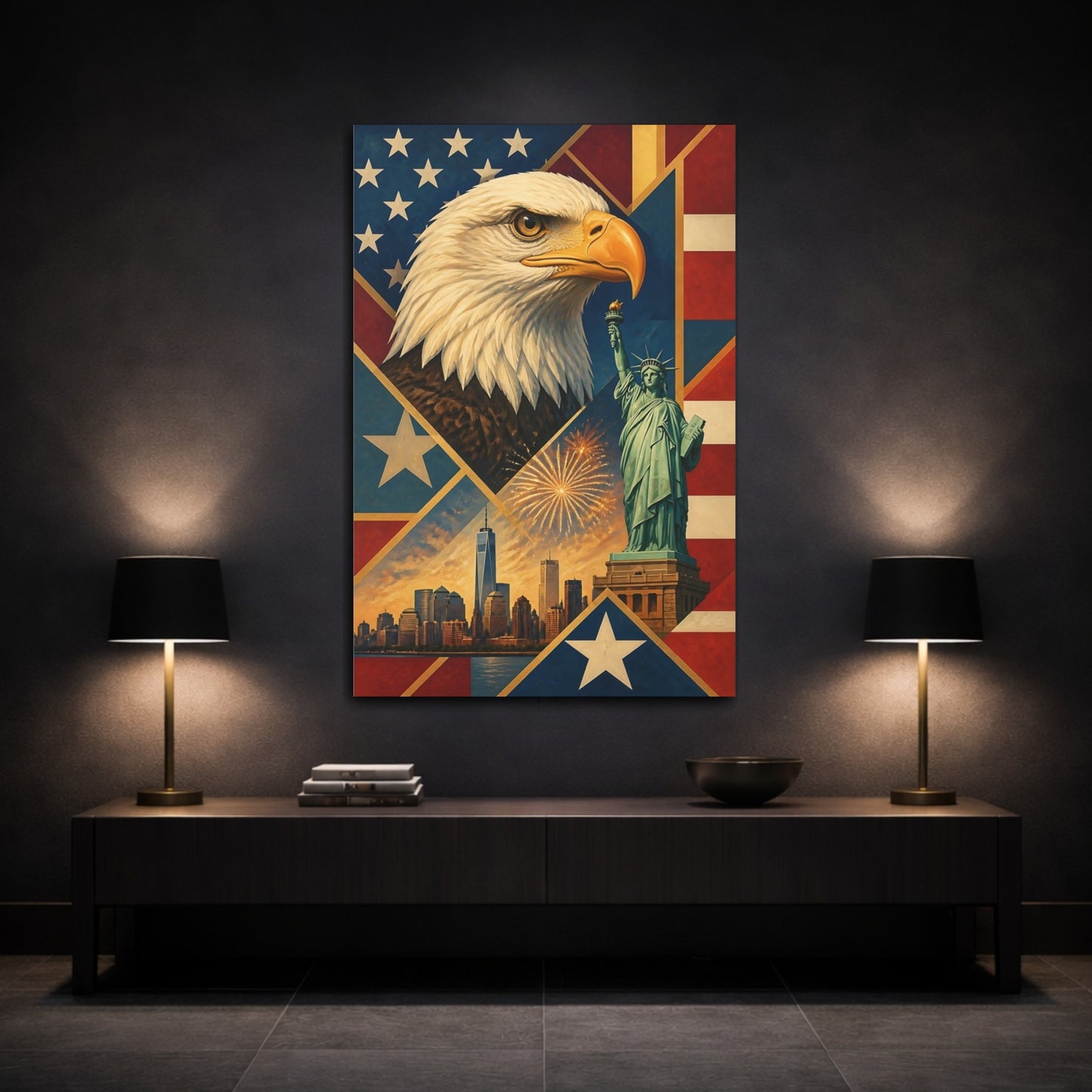 Mockup 3. Bald Eagle & Liberty Skyline shown as canvas print