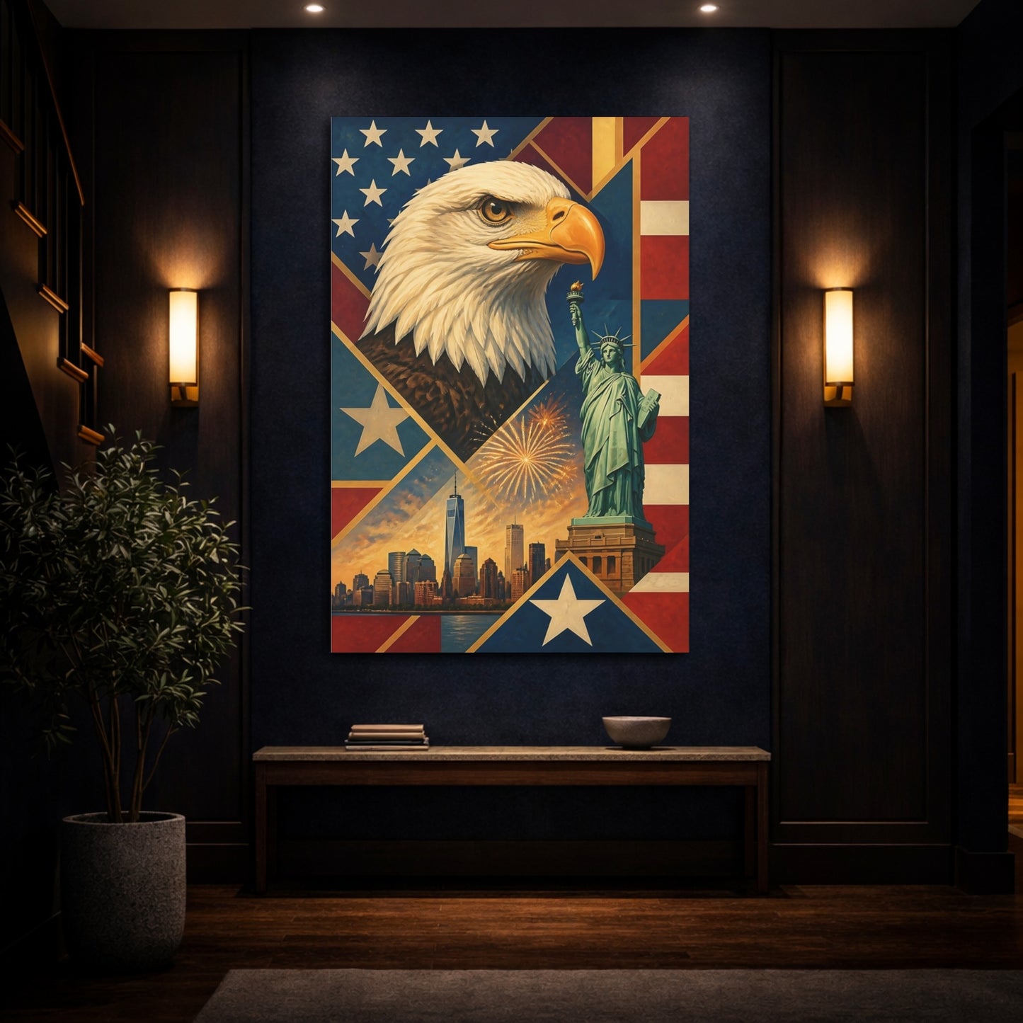 Mockup 4. Bald Eagle & Liberty Skyline shown as canvas print