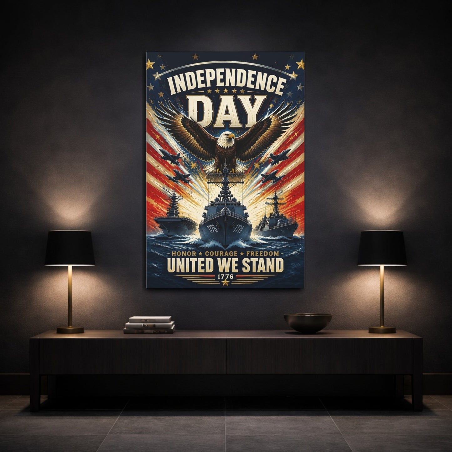 Mockup 3. Bald Eagle & Navy Ships shown as canvas print