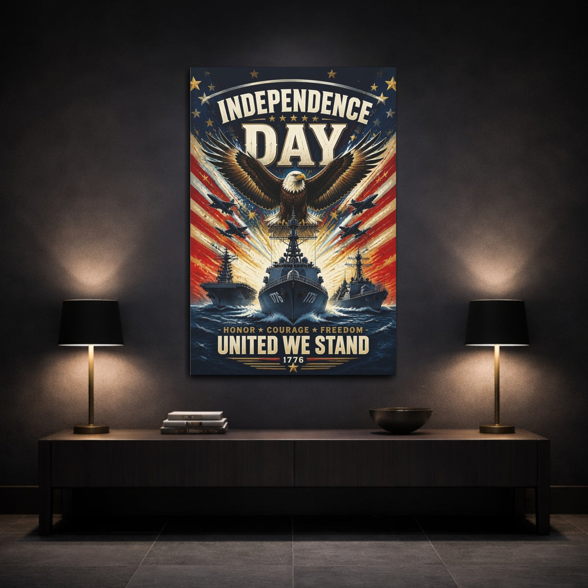 Mockup 3. Bald Eagle & Navy Ships shown as canvas print