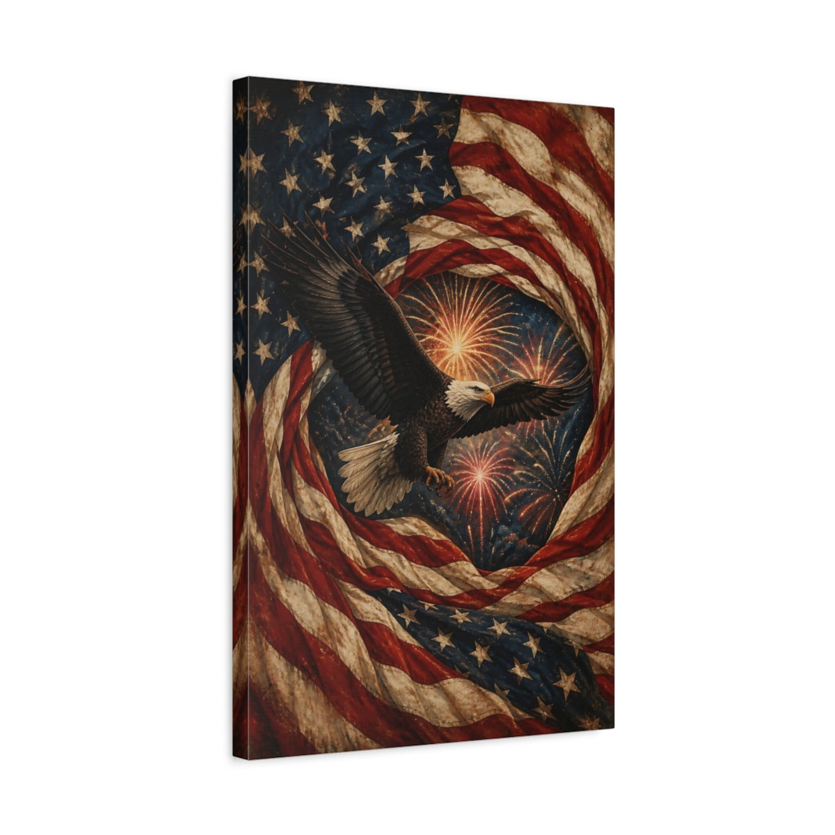 Side Mockup 3. Bald Eagle And American Flag shown as canvas print