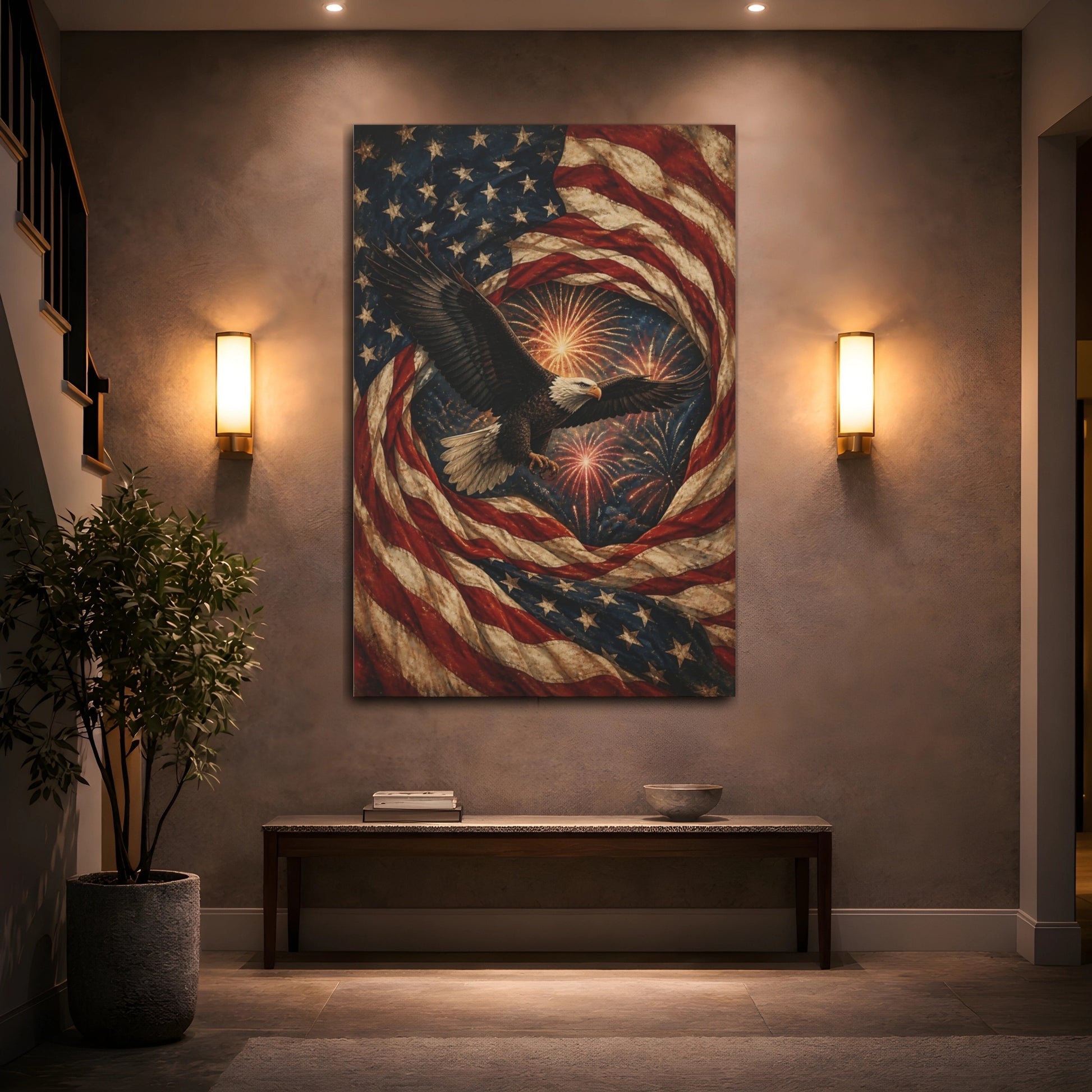 Mockup 2. Bald Eagle And American Flag shown as canvas print