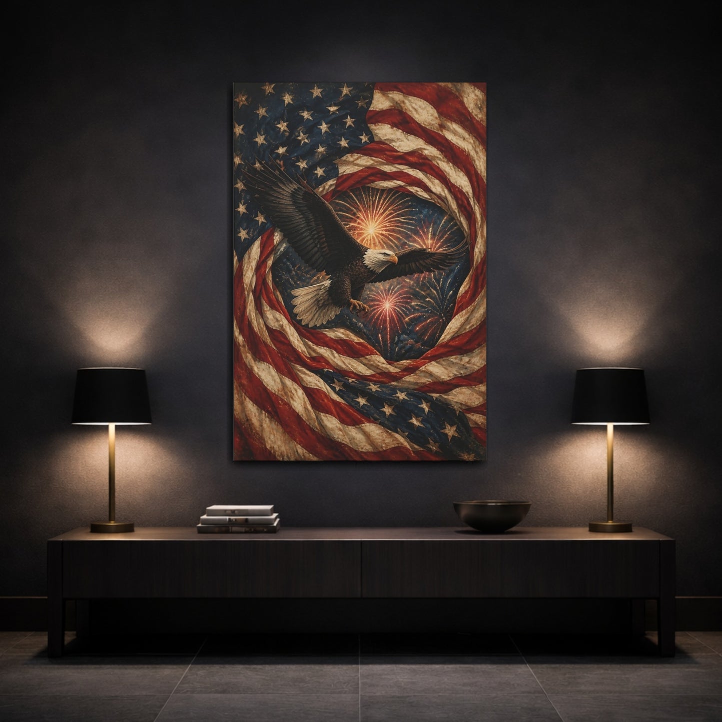 Mockup 3. Bald Eagle And American Flag shown as canvas print