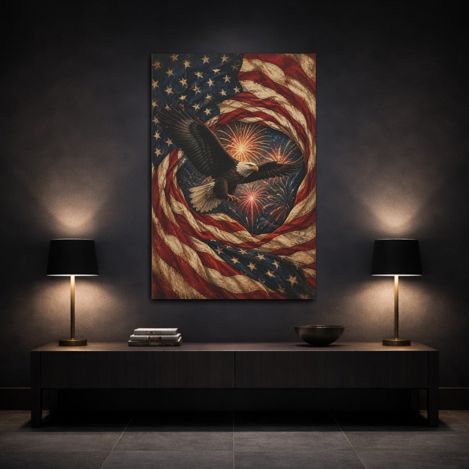 Mockup 3. Bald Eagle And American Flag shown as canvas print