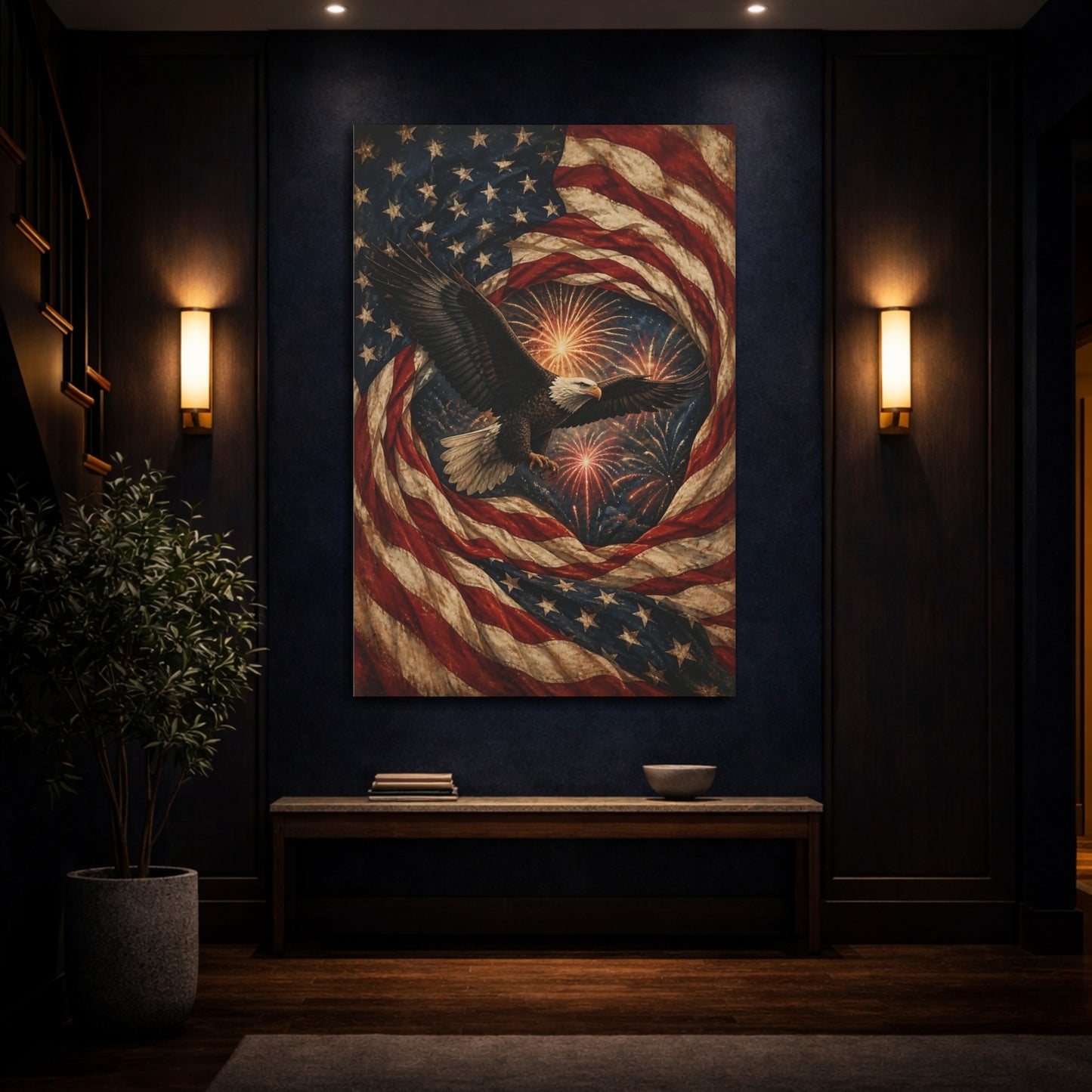 Mockup 4. Bald Eagle And American Flag shown as canvas print