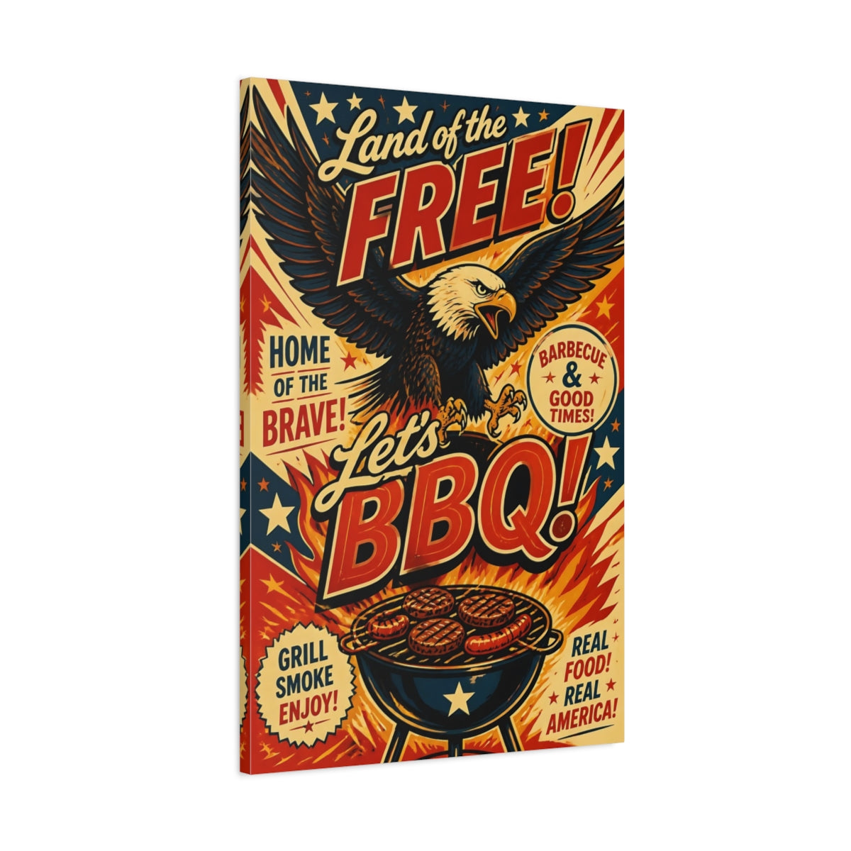 Main Mockup. Bald Eagle BBQ Poster shown as canvas print