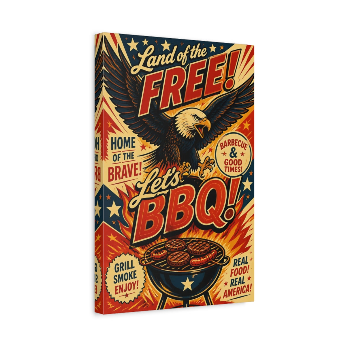 Side Mockup 4. Bald Eagle BBQ Poster shown as canvas print