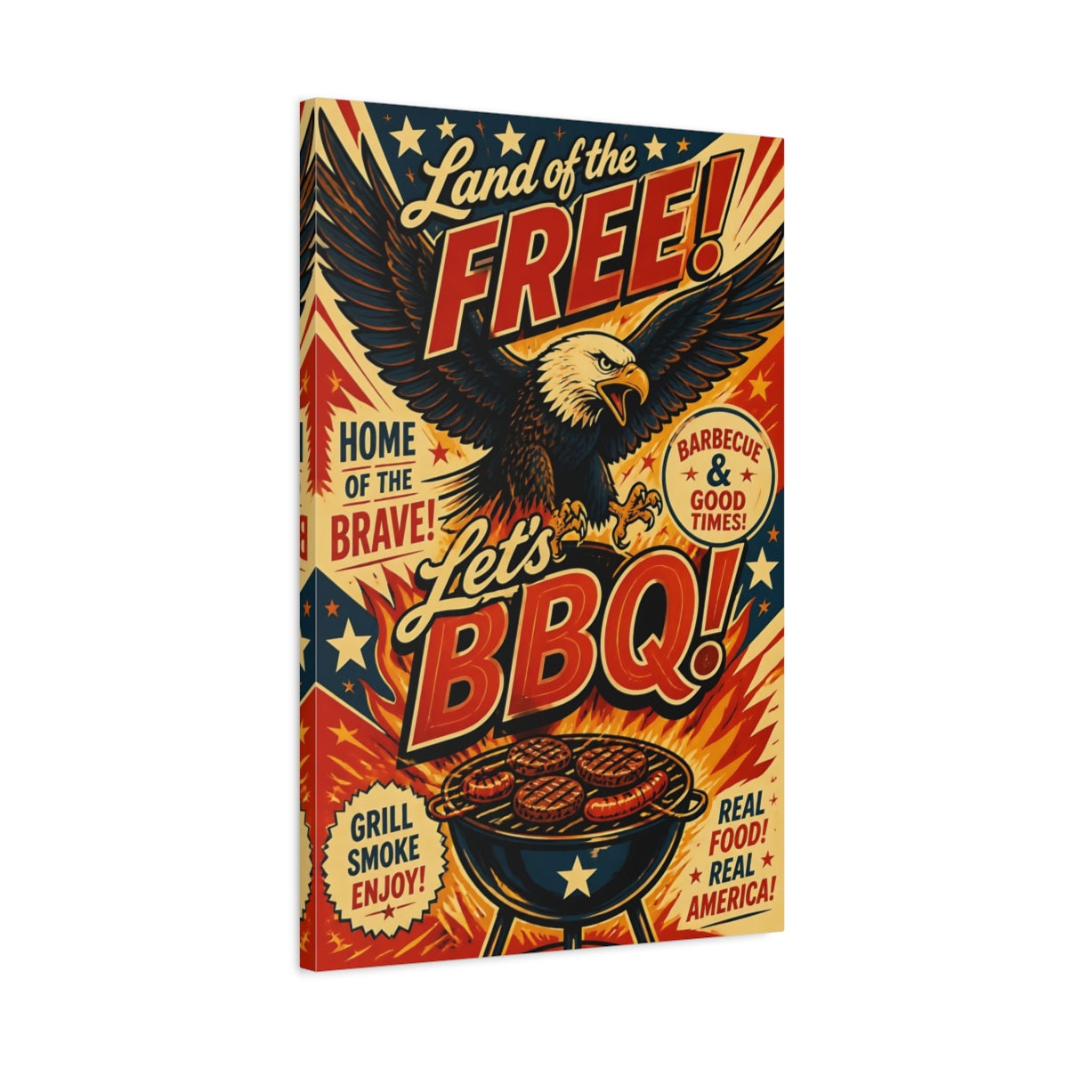 Side Mockup 2. Bald Eagle BBQ Poster shown as canvas print