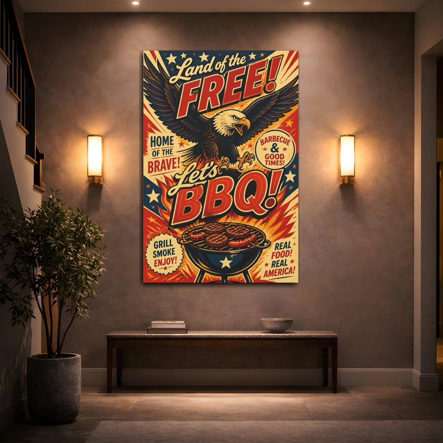 Mockup 2. Bald Eagle BBQ Poster shown as canvas print