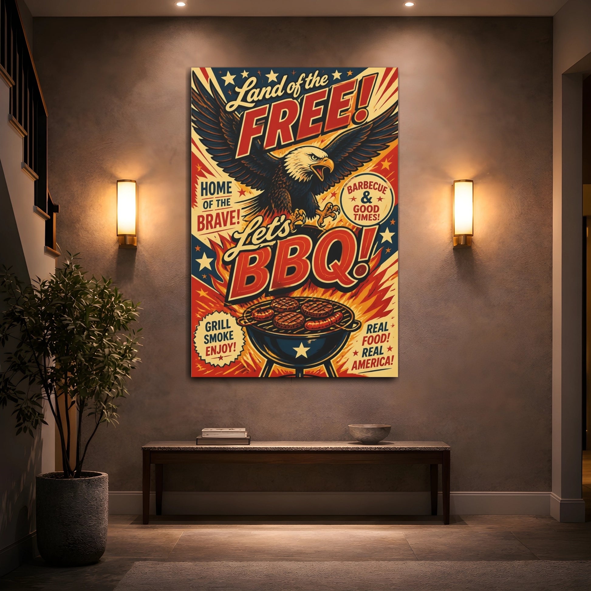 Mockup 2. Bald Eagle BBQ Poster shown as canvas print