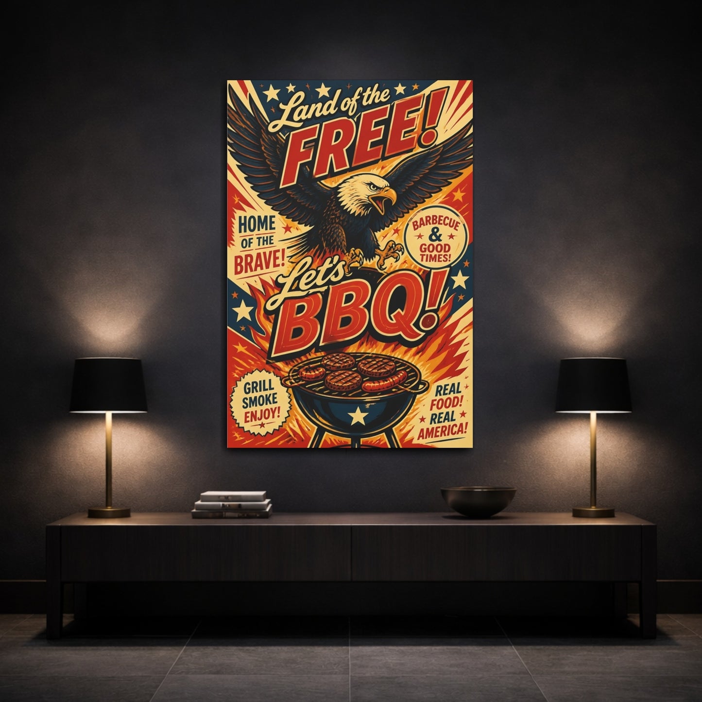 Mockup 3. Bald Eagle BBQ Poster shown as canvas print
