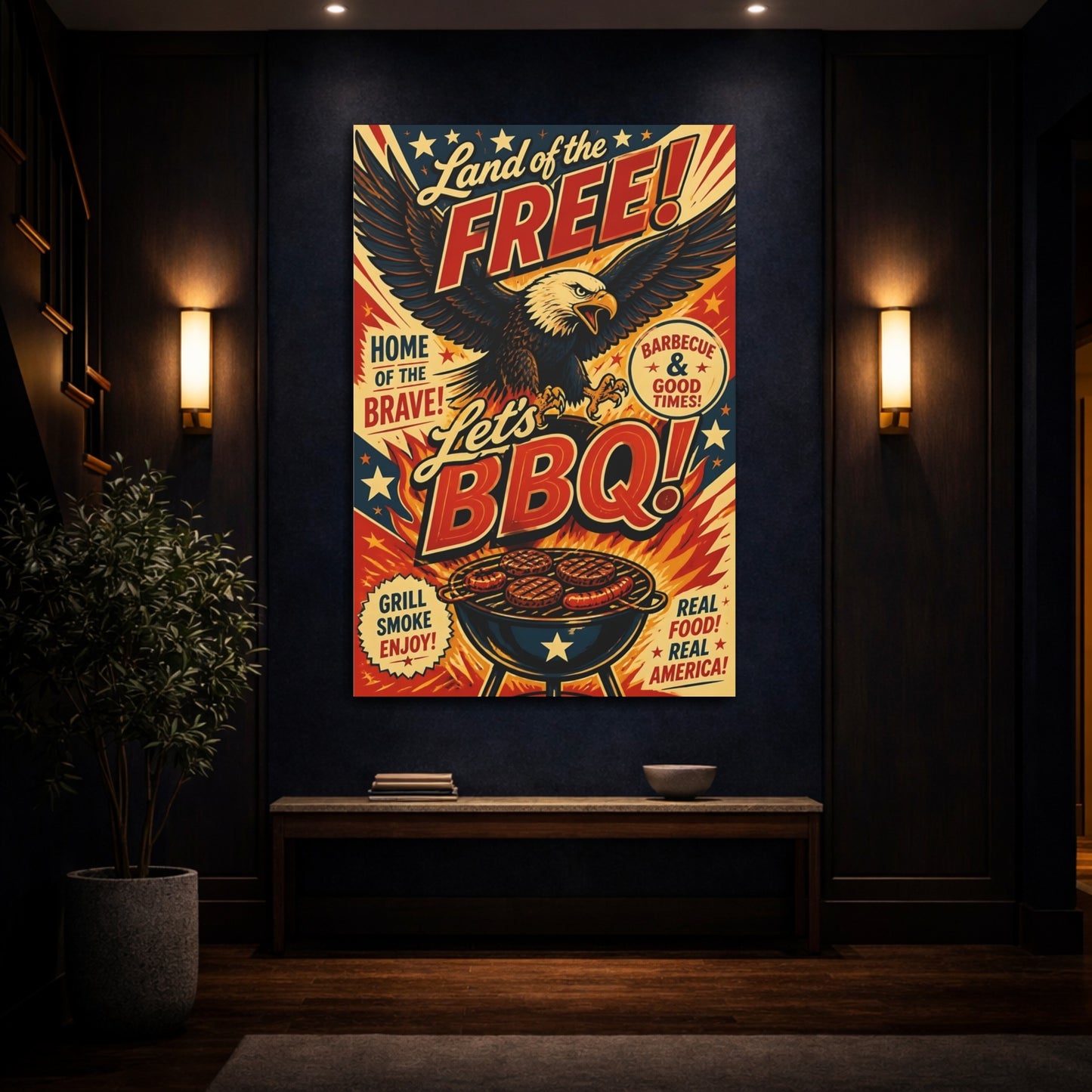 Mockup 4. Bald Eagle BBQ Poster shown as canvas print