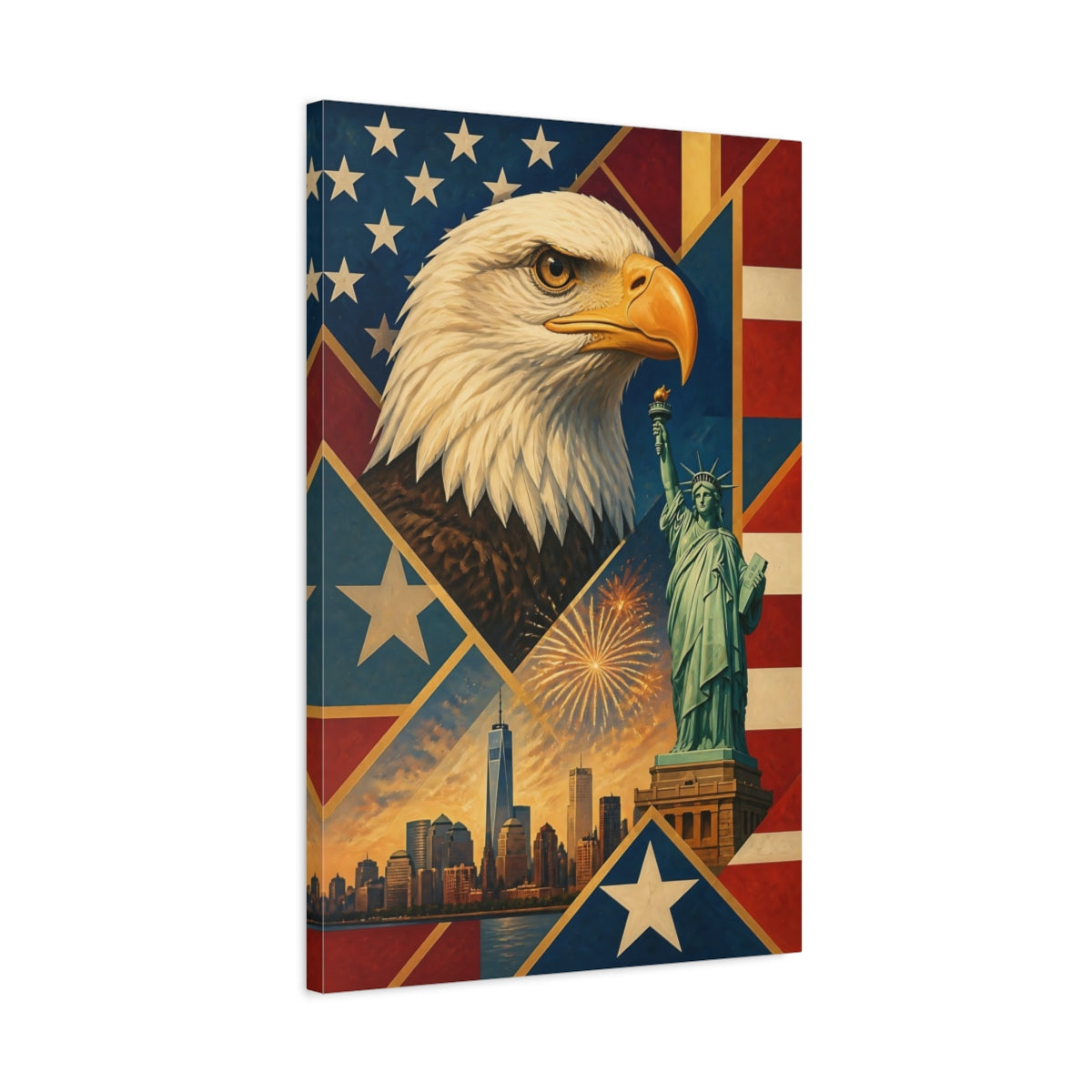 Side Mockup 2. Bald Eagle & Liberty Skyline shown as canvas print