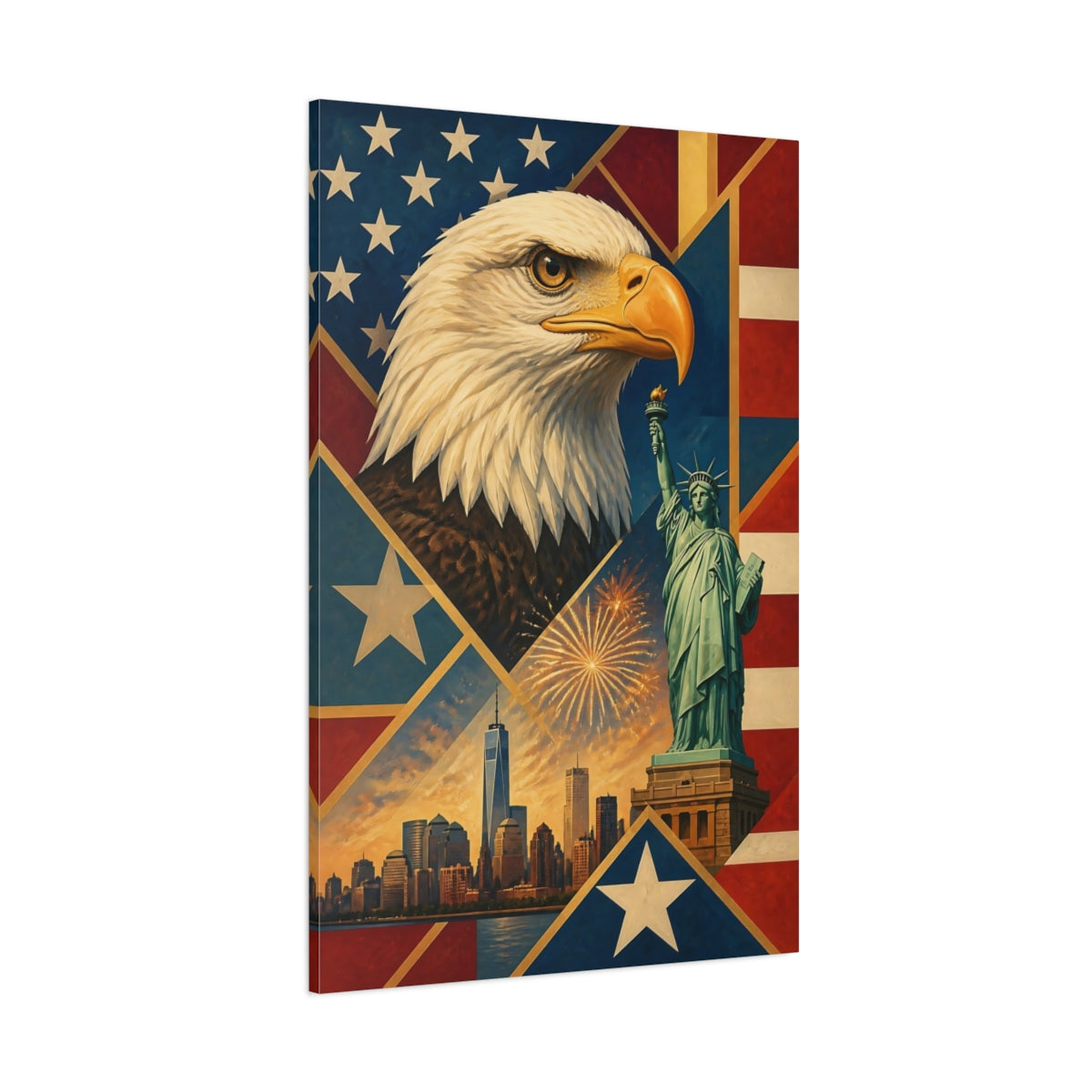Side Mockup 1. Bald Eagle & Liberty Skyline shown as canvas print