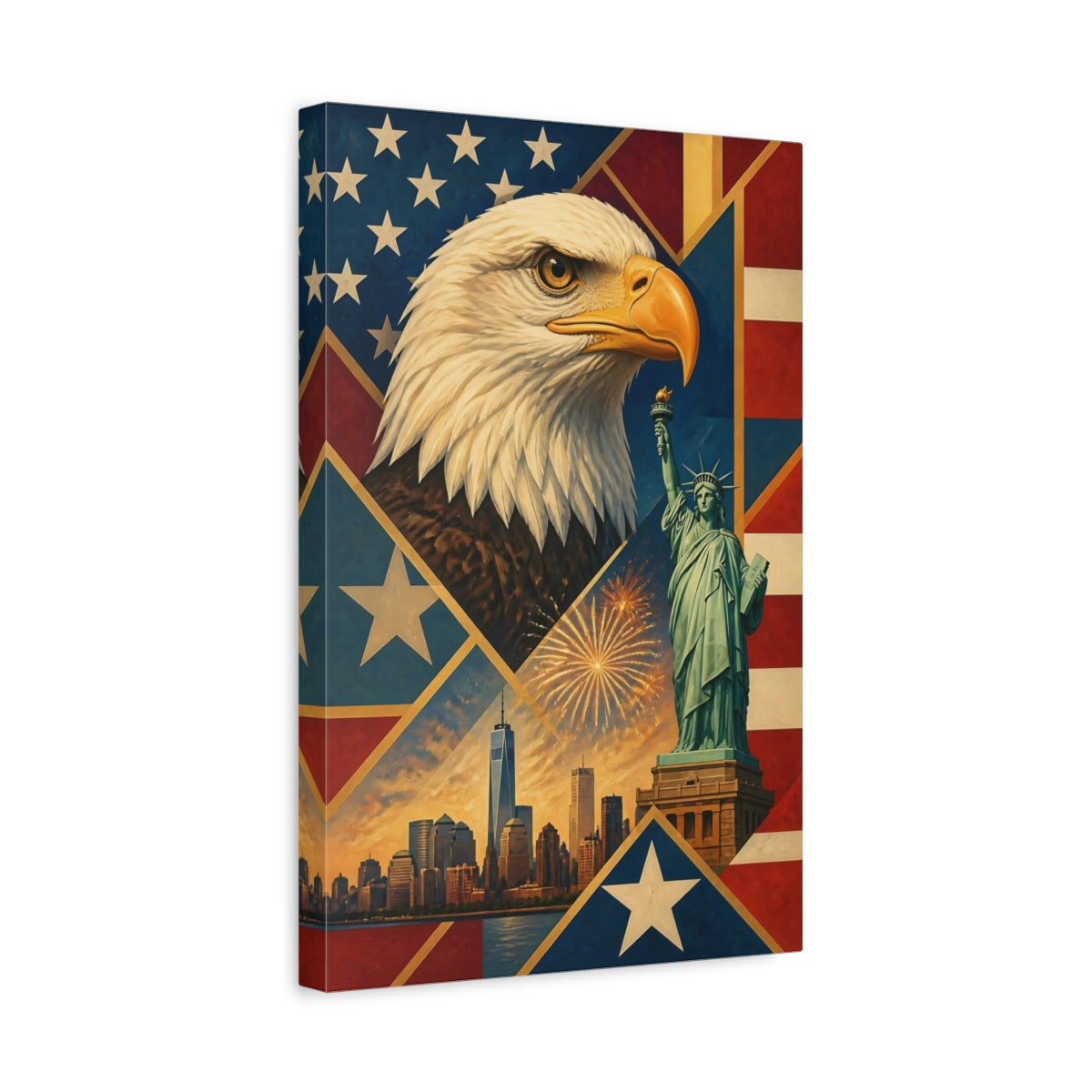 Side Mockup 4. Bald Eagle & Liberty Skyline shown as canvas print