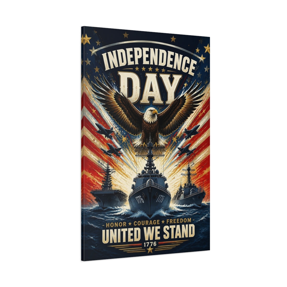 Side Mockup 1. Bald Eagle & Navy Ships shown as canvas print