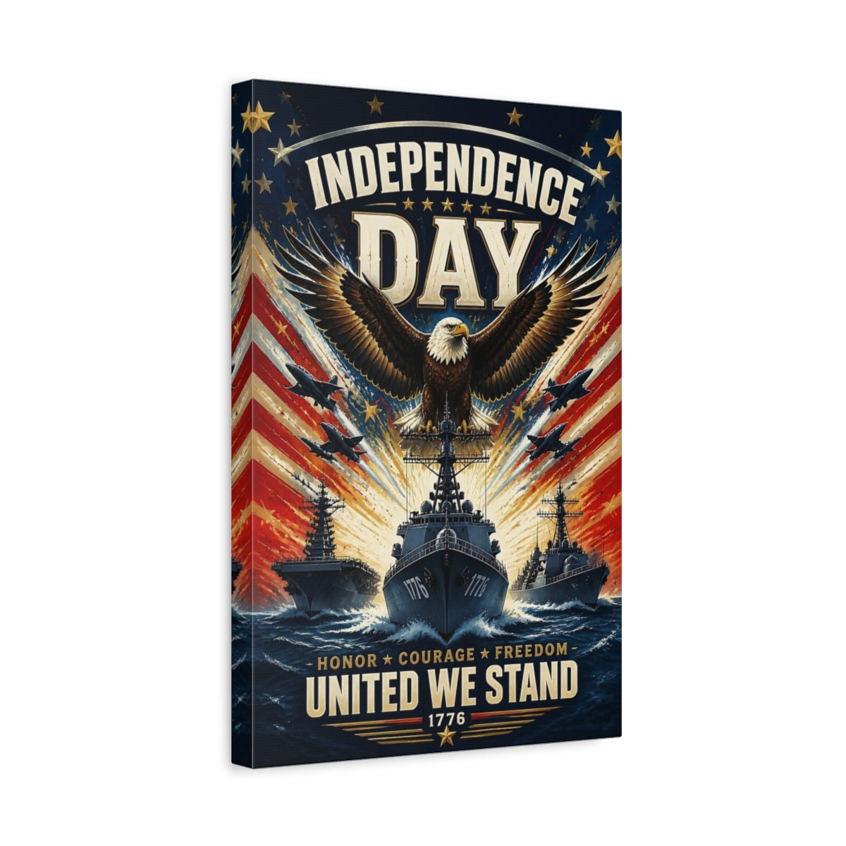 Side Mockup 4. Bald Eagle & Navy Ships shown as canvas print
