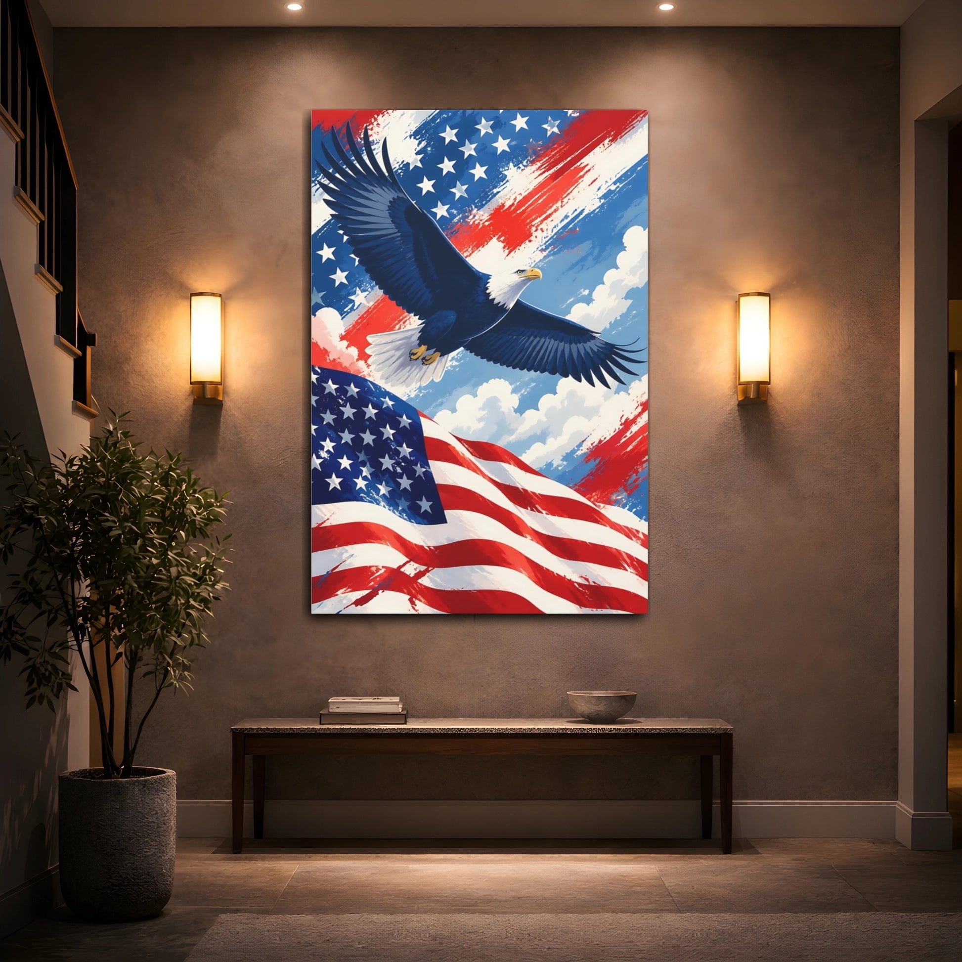 Mockup 2. Bald Eagle Over Flag shown as canvas print