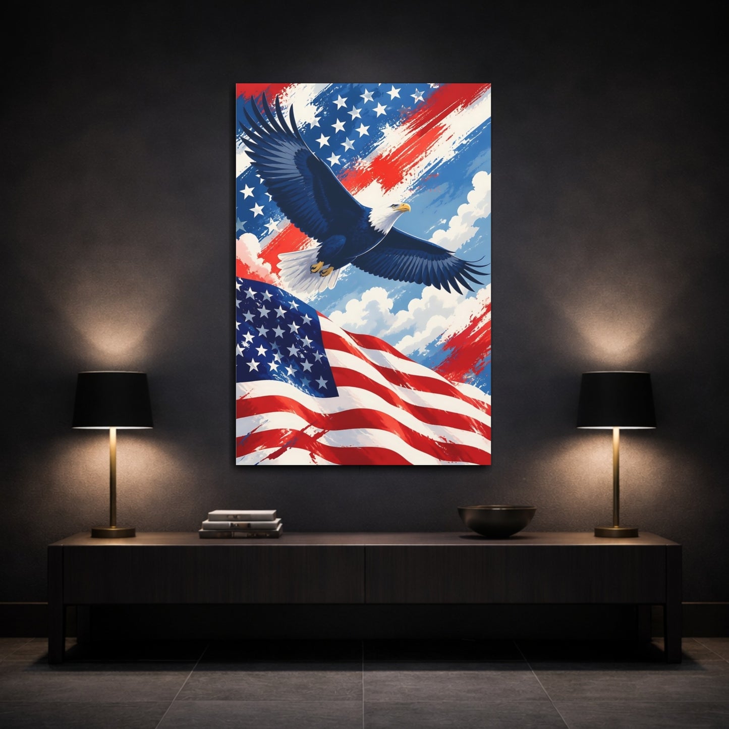 Mockup 3. Bald Eagle Over Flag shown as canvas print