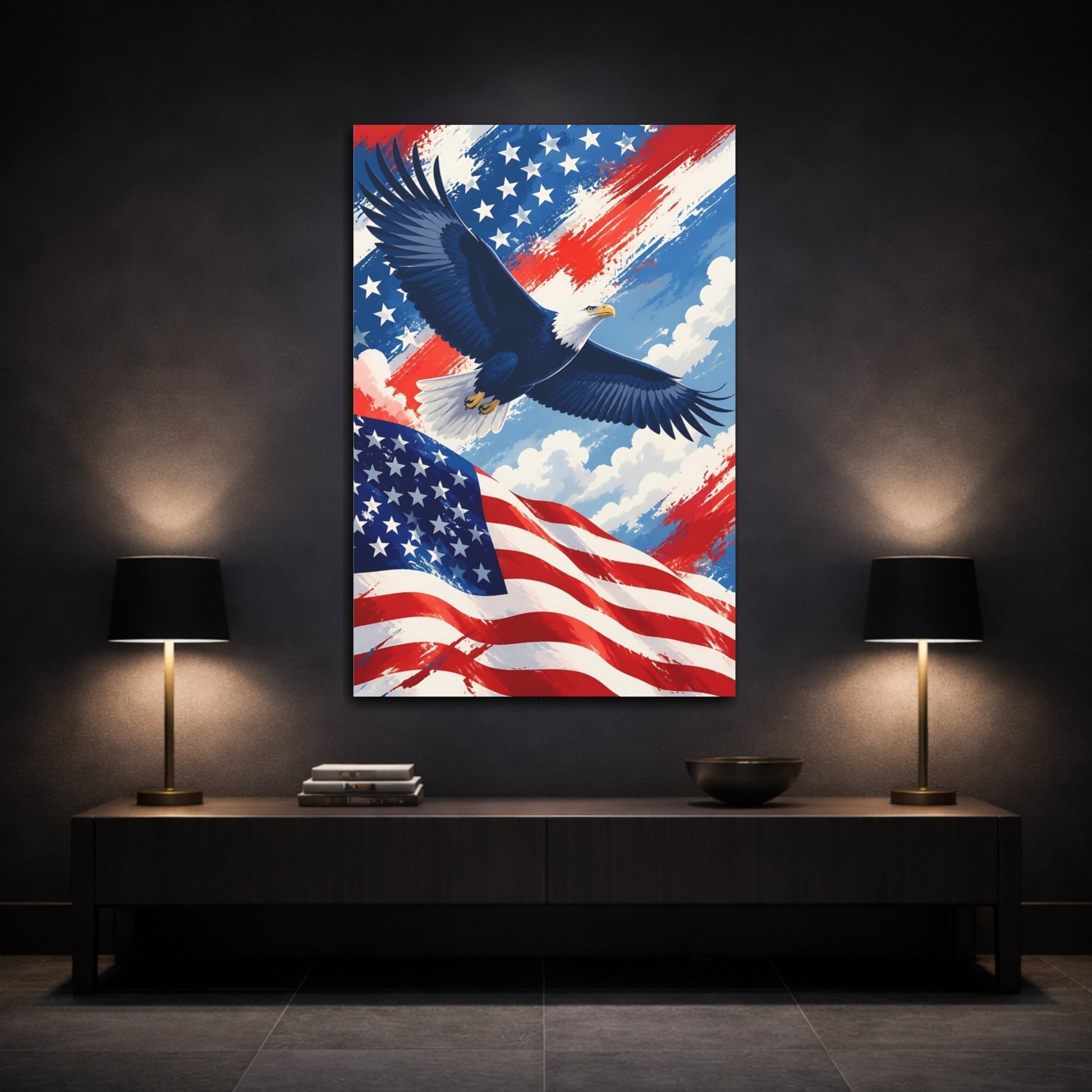 Mockup 3. Bald Eagle Over Flag shown as canvas print