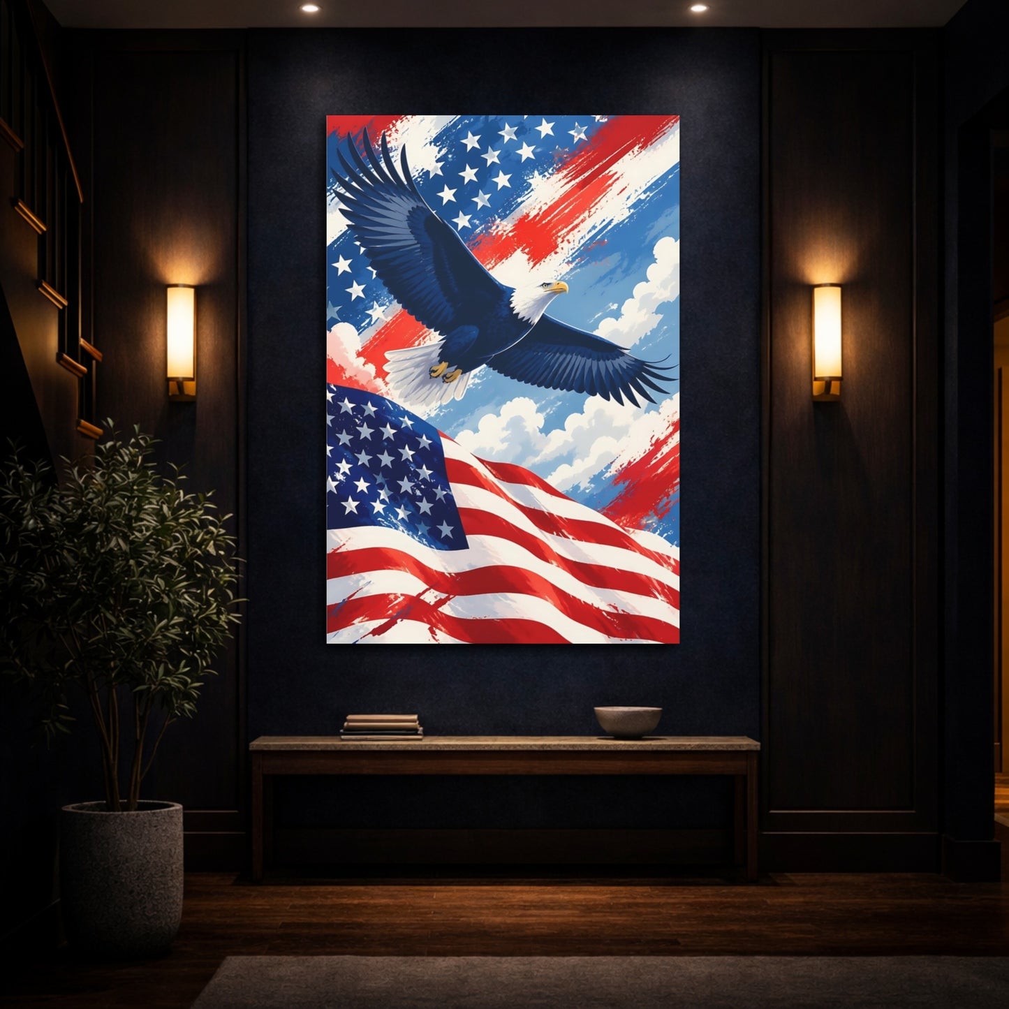 Mockup 4. Bald Eagle Over Flag shown as canvas print