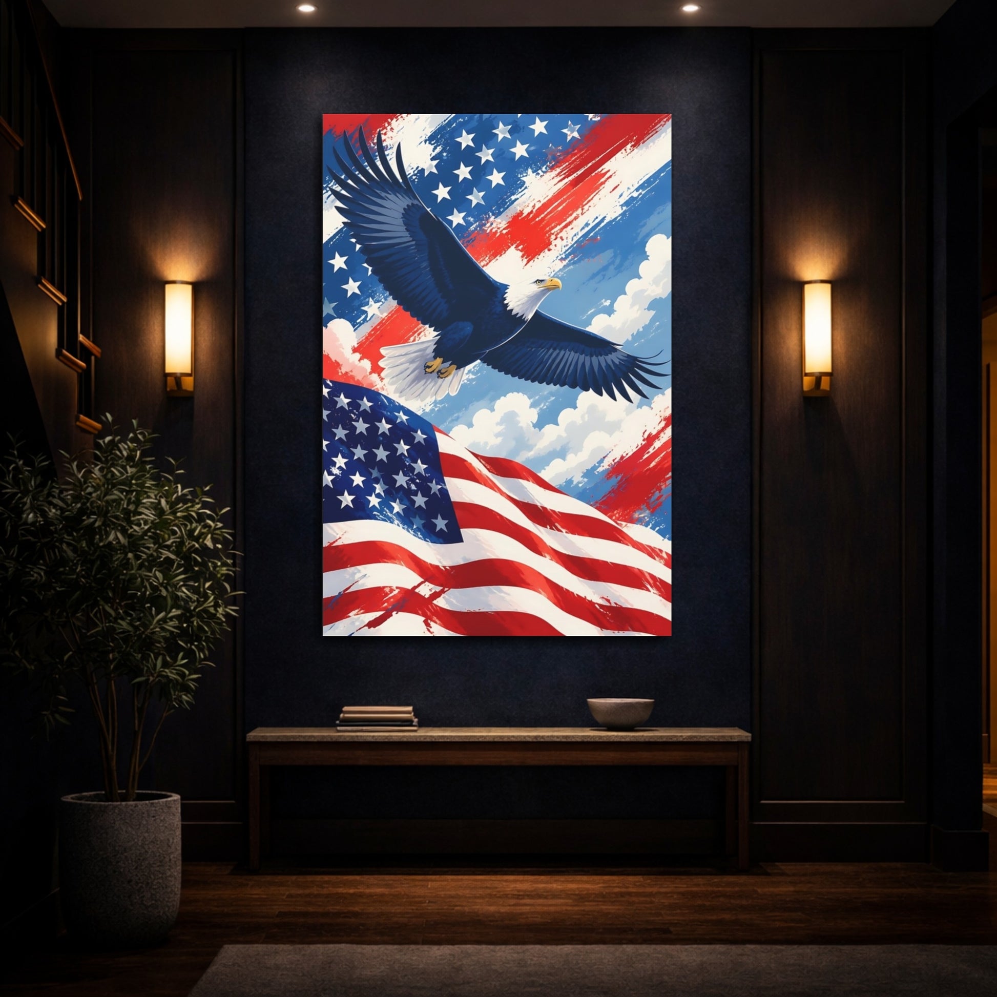 Mockup 4. Bald Eagle Over Flag shown as canvas print
