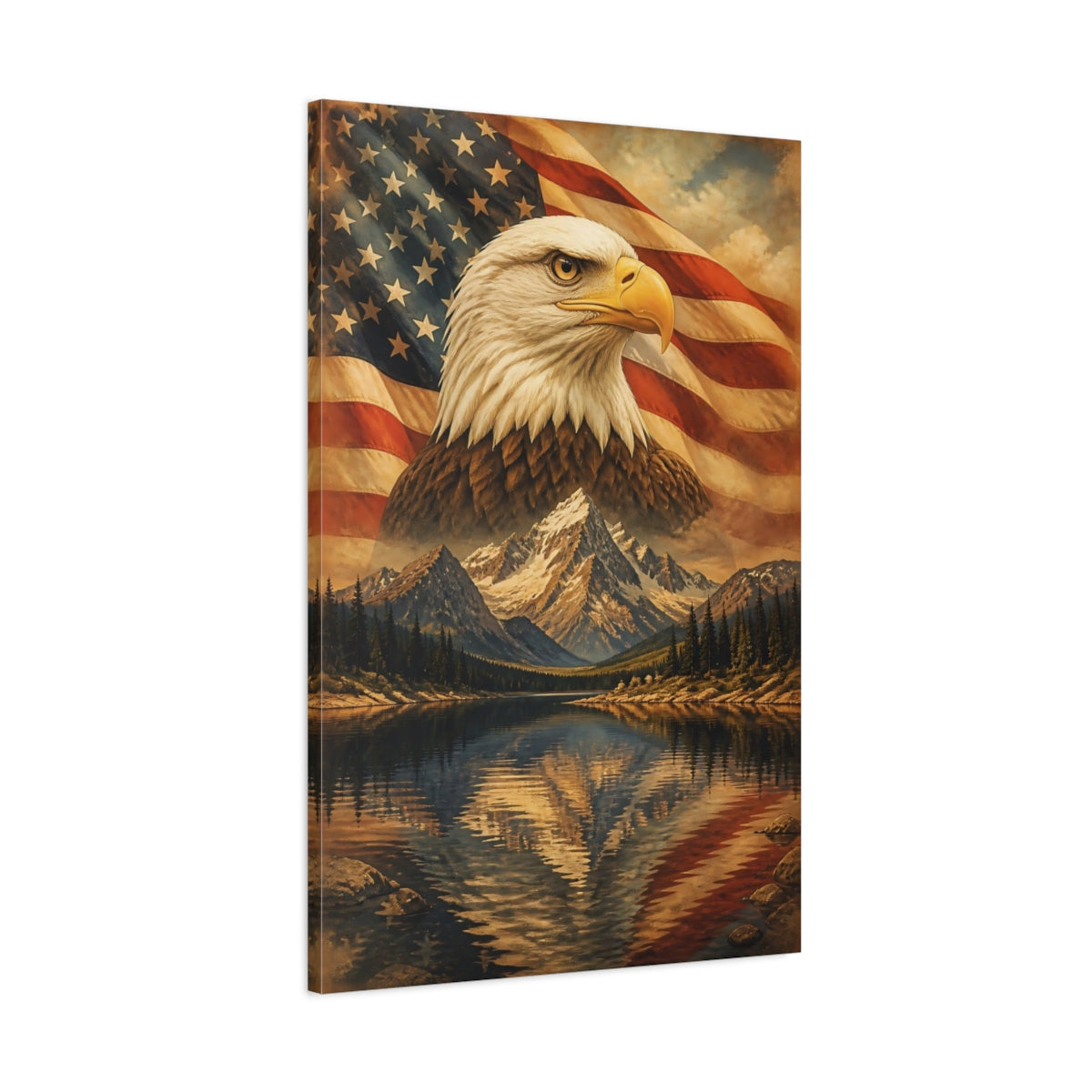 Main Mockup. Bald Eagle Over Mountains shown as canvas print