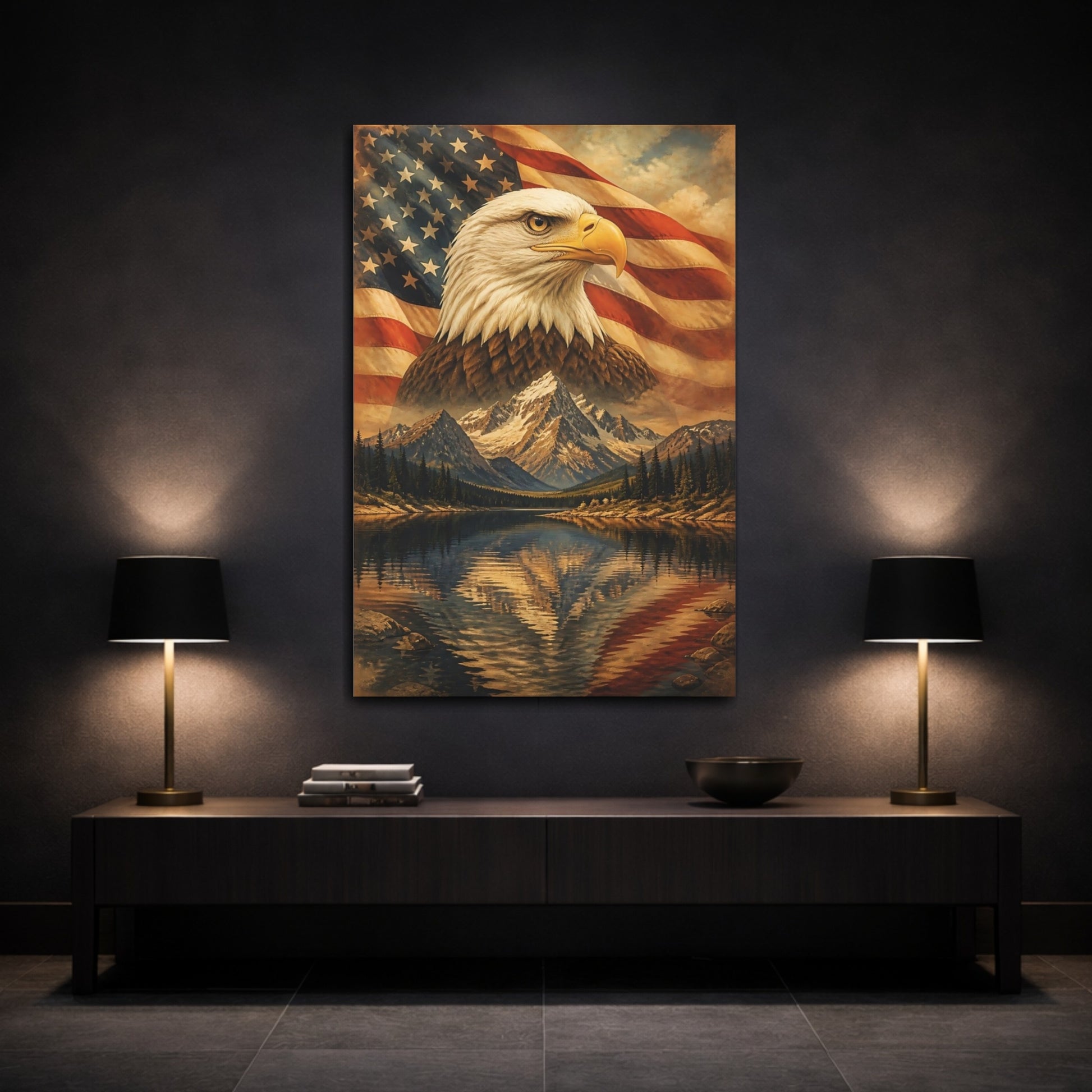 Mockup 3. Bald Eagle Over Mountains shown as canvas print