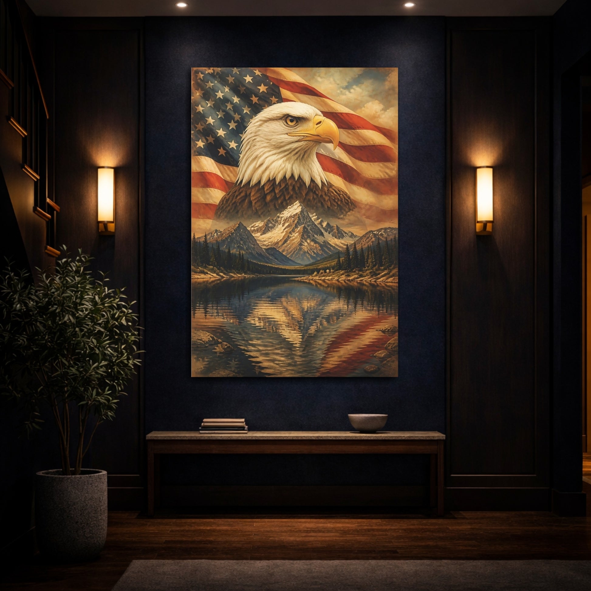 Mockup 4. Bald Eagle Over Mountains shown as canvas print