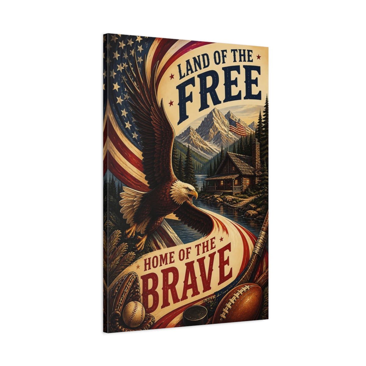 Main Mockup. Bald Eagle Patriotic Cabin shown as canvas print