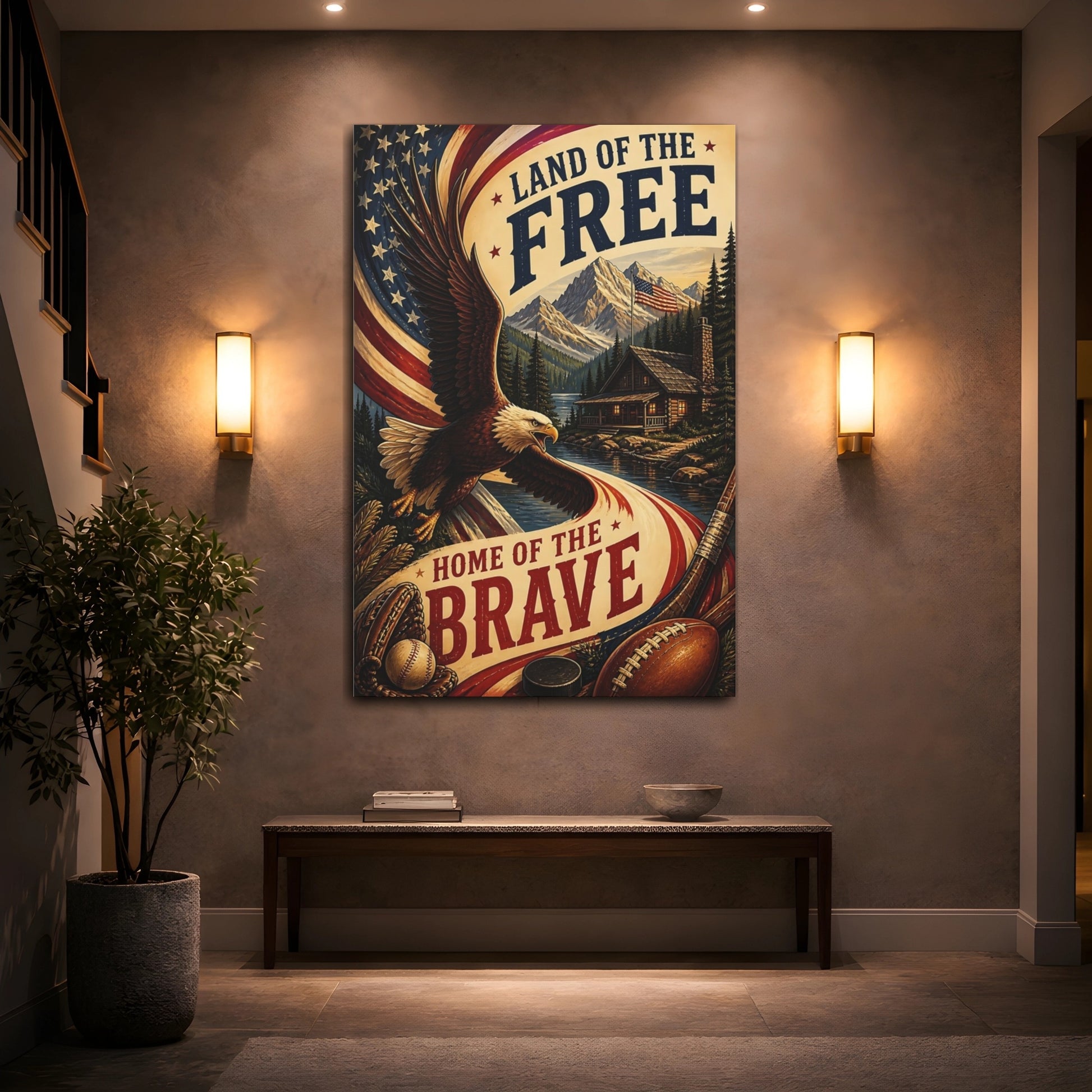 Mockup 2. Bald Eagle Patriotic Cabin shown as canvas print