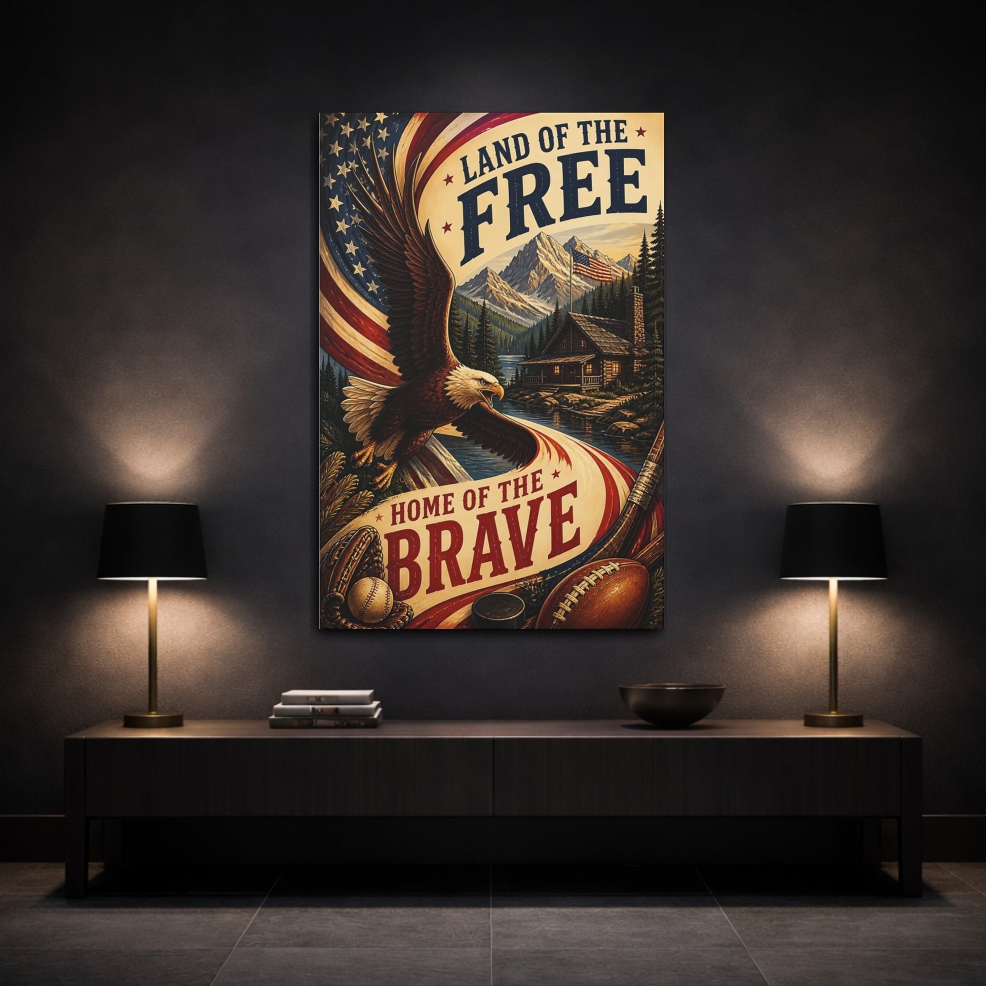Mockup 3. Bald Eagle Patriotic Cabin shown as canvas print