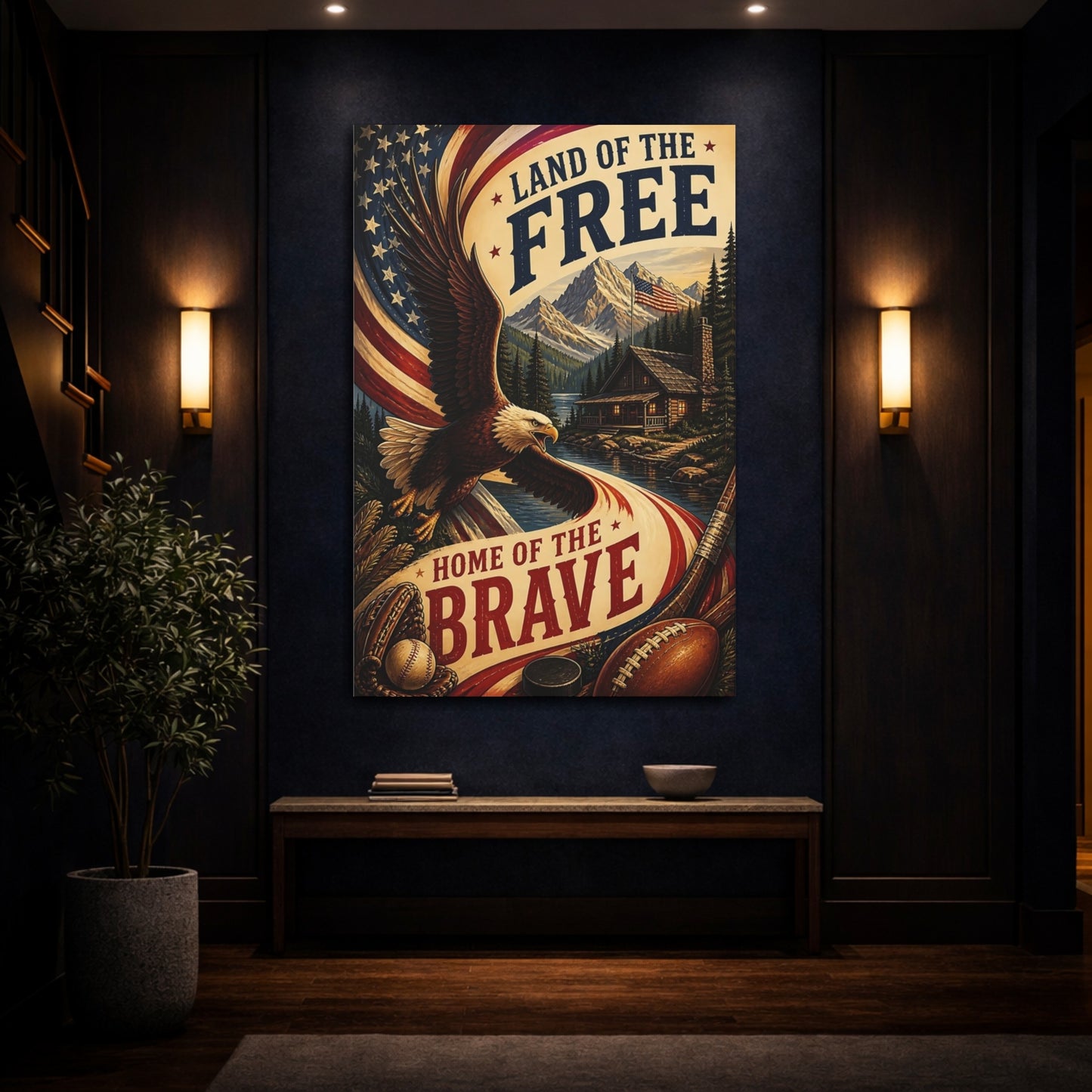 Mockup 4. Bald Eagle Patriotic Cabin shown as canvas print