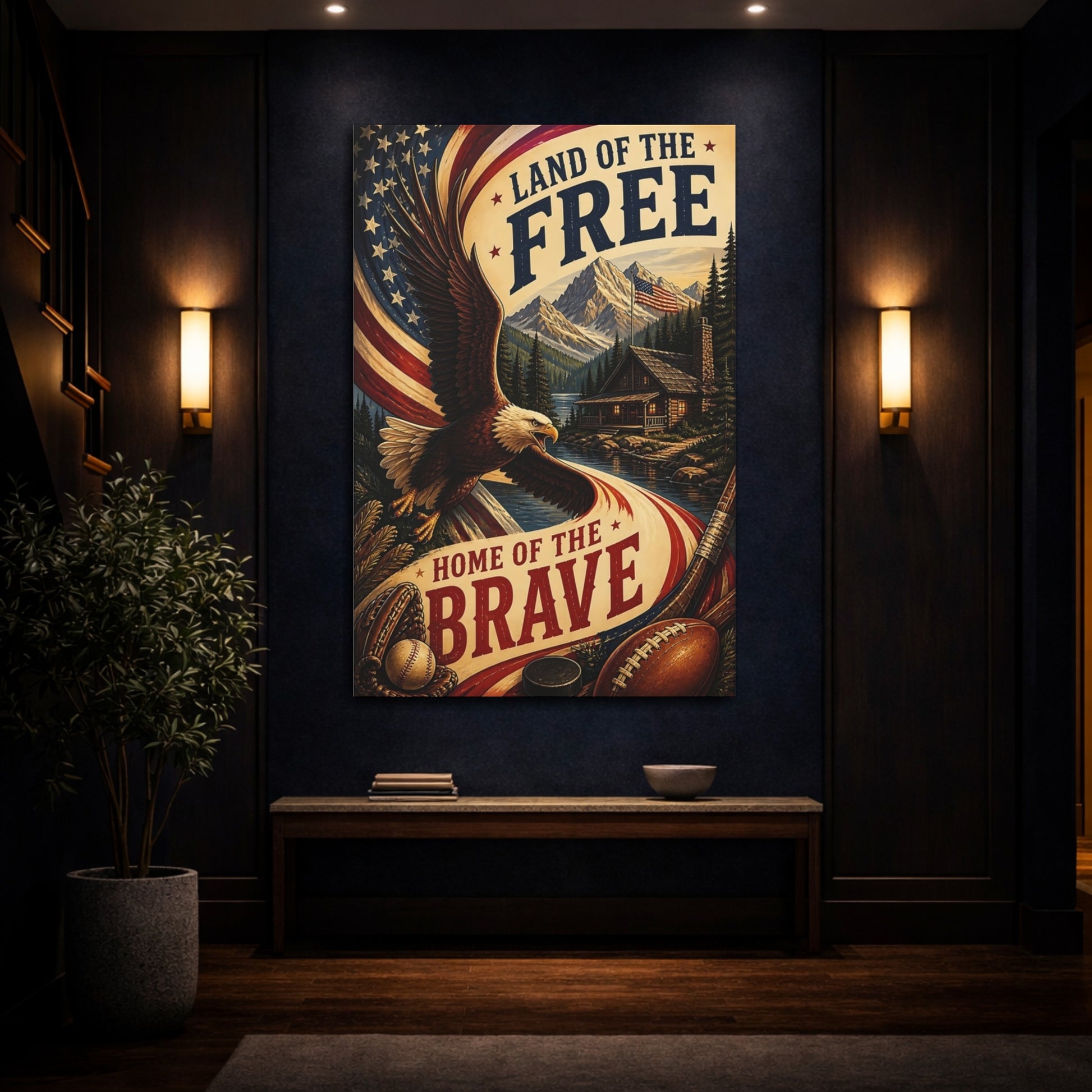 Mockup 4. Bald Eagle Patriotic Cabin shown as canvas print