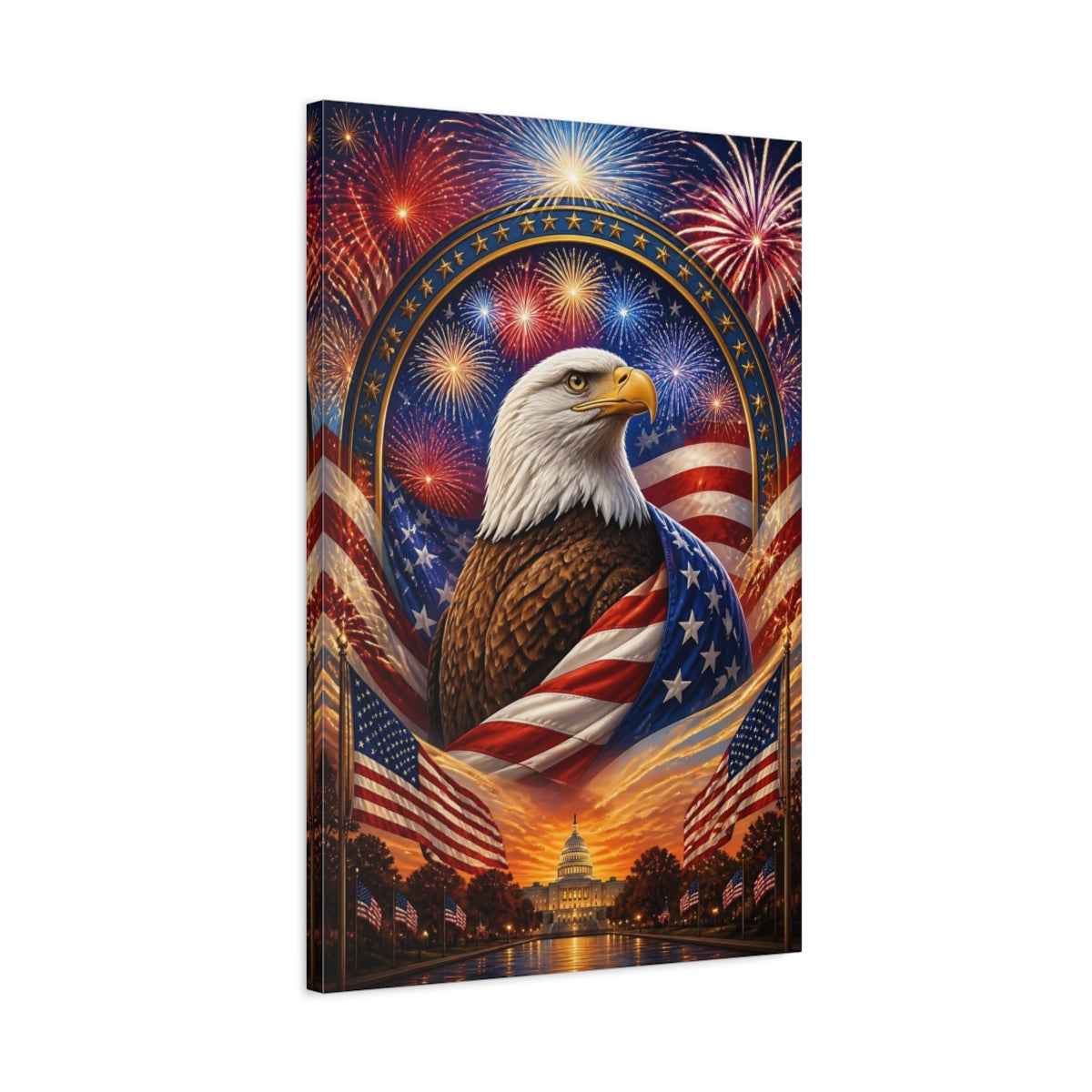 Side Mockup 2. Bald Eagle With Flag shown as canvas print