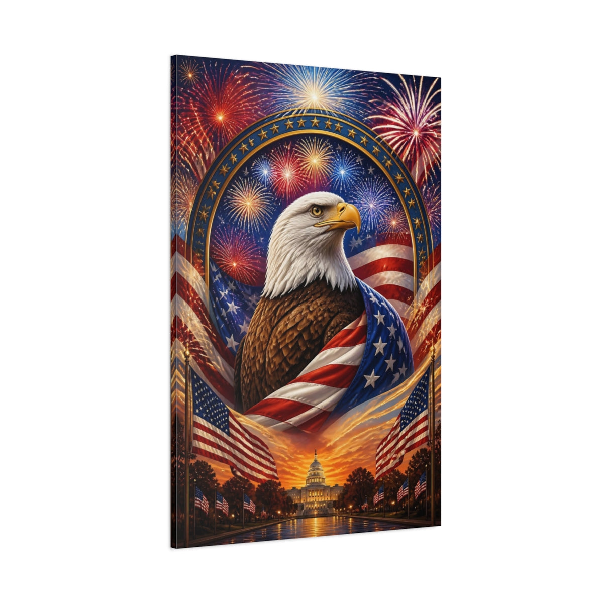 Side Mockup 1. Bald Eagle With Flag shown as canvas print