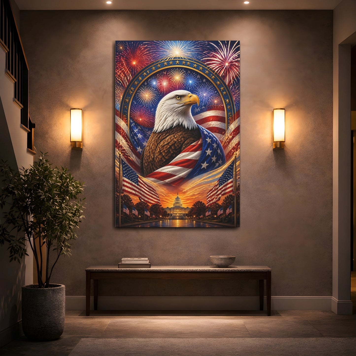 Mockup 2. Bald Eagle With Flag shown as canvas print