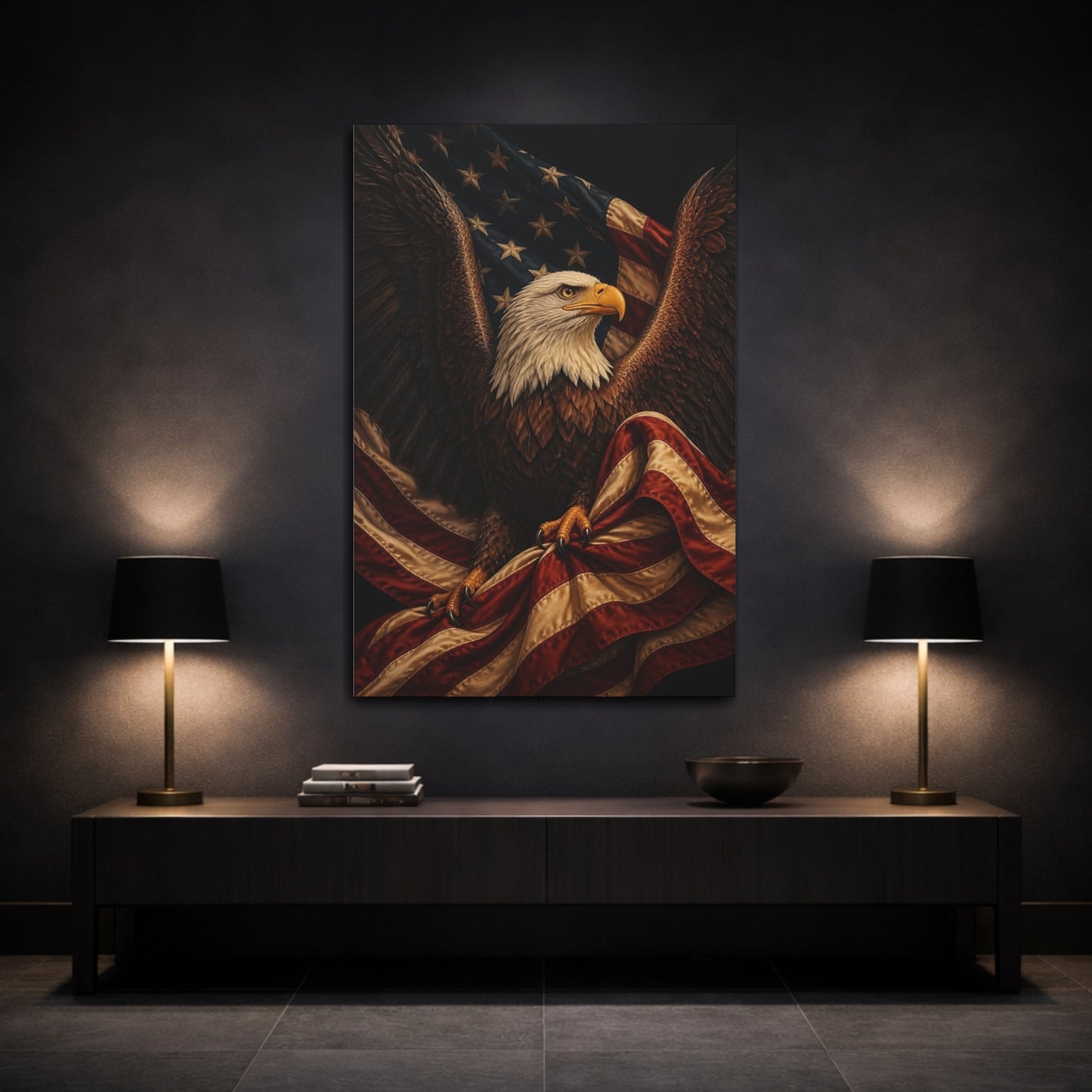 Mockup 3. Bald Eagle With Flag shown as canvas print