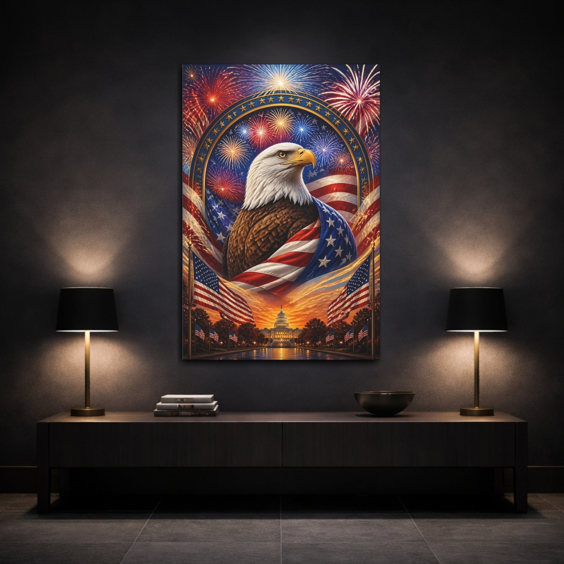 Mockup 3. Bald Eagle With Flag shown as canvas print