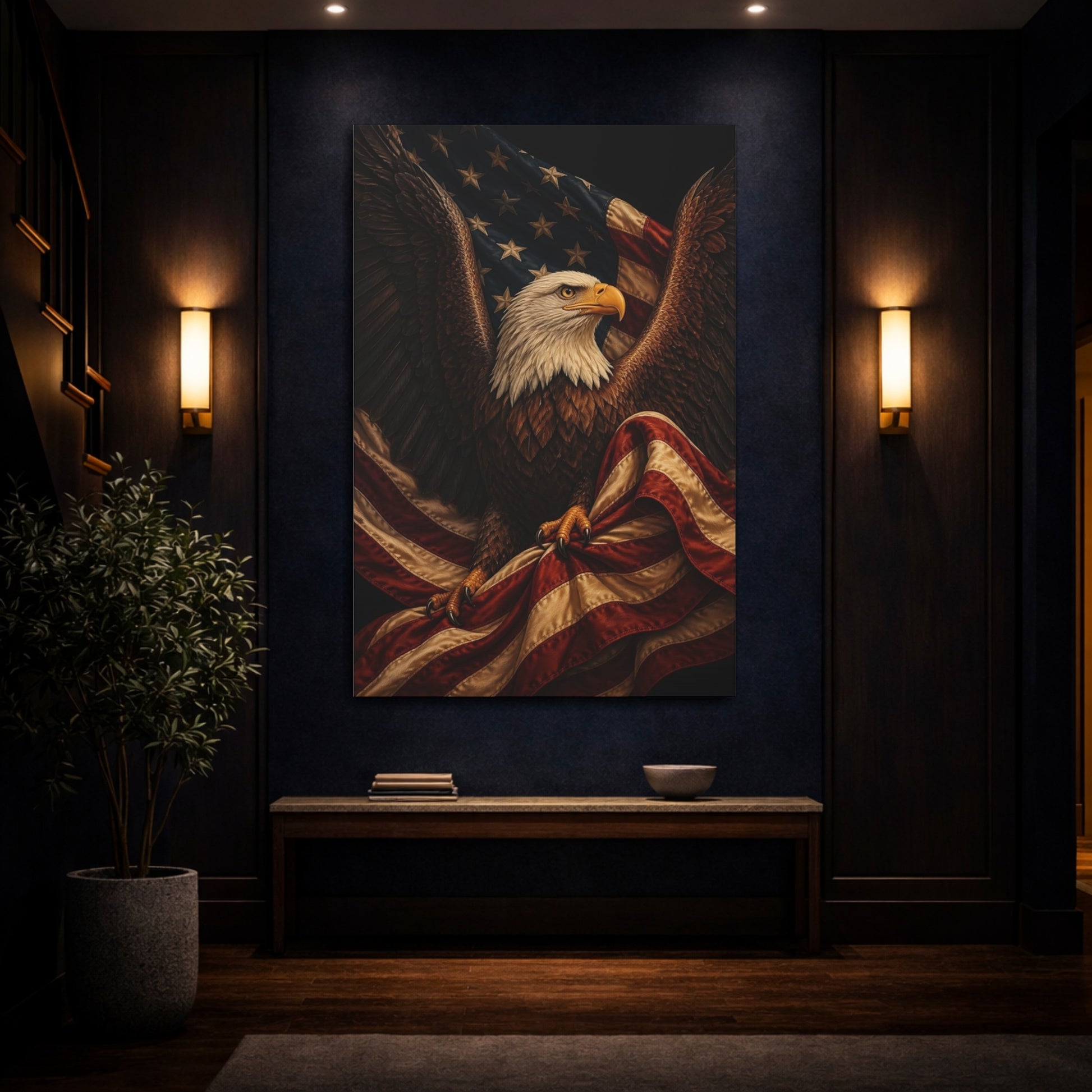 Mockup 4. Bald Eagle With Flag shown as canvas print