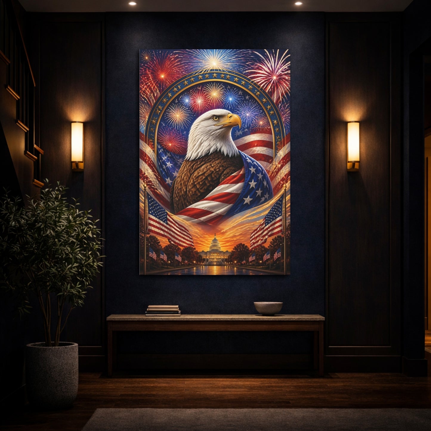 Mockup 4. Bald Eagle With Flag shown as canvas print
