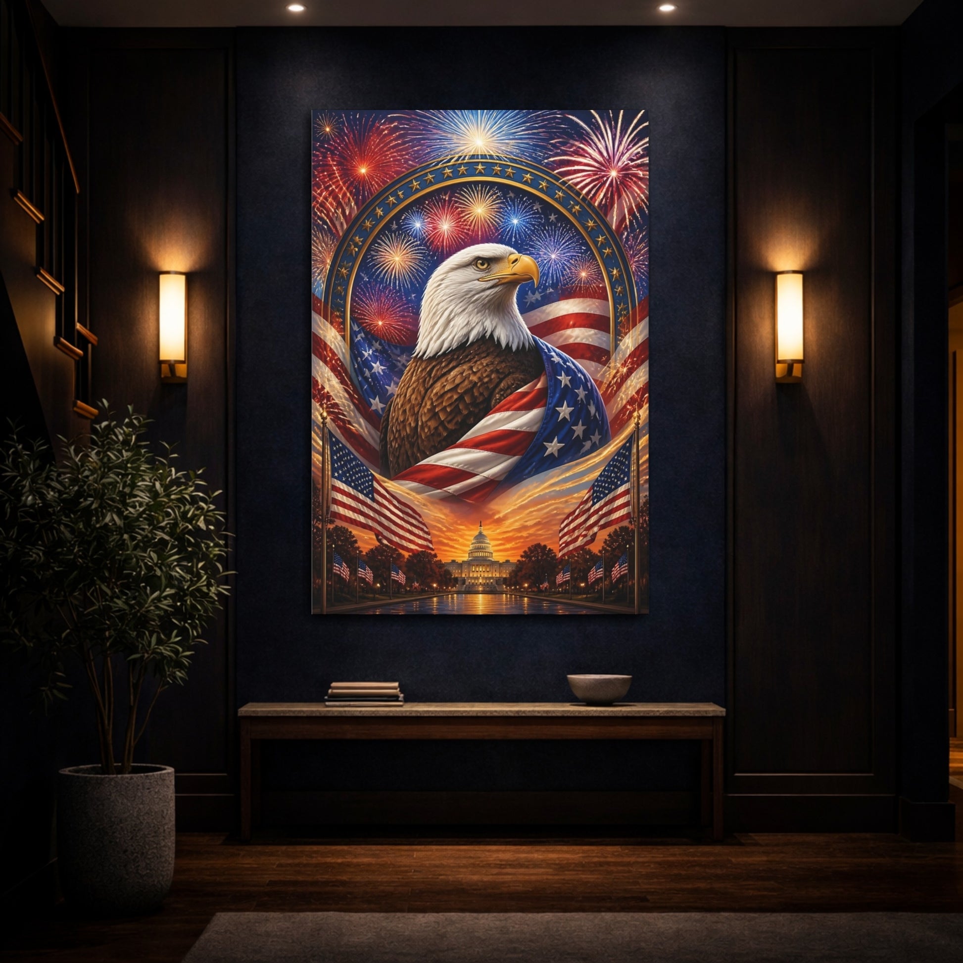 Mockup 4. Bald Eagle With Flag shown as canvas print